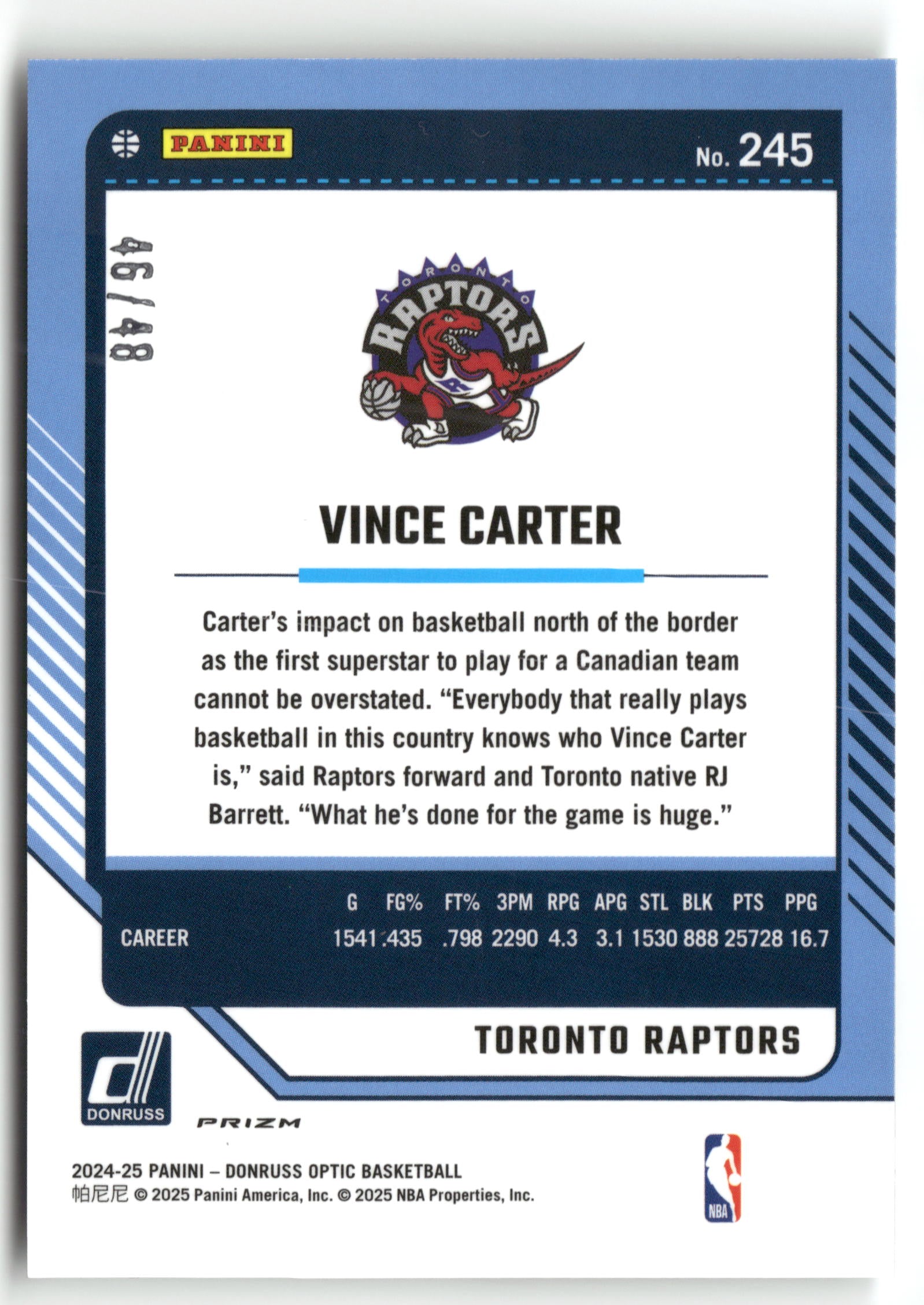 Basketball NBA Vince Carter 2024-25 Panini Donruss Optic Basketball #245 White Choice Prizm /48 Toronto Raptors Trading Card Original