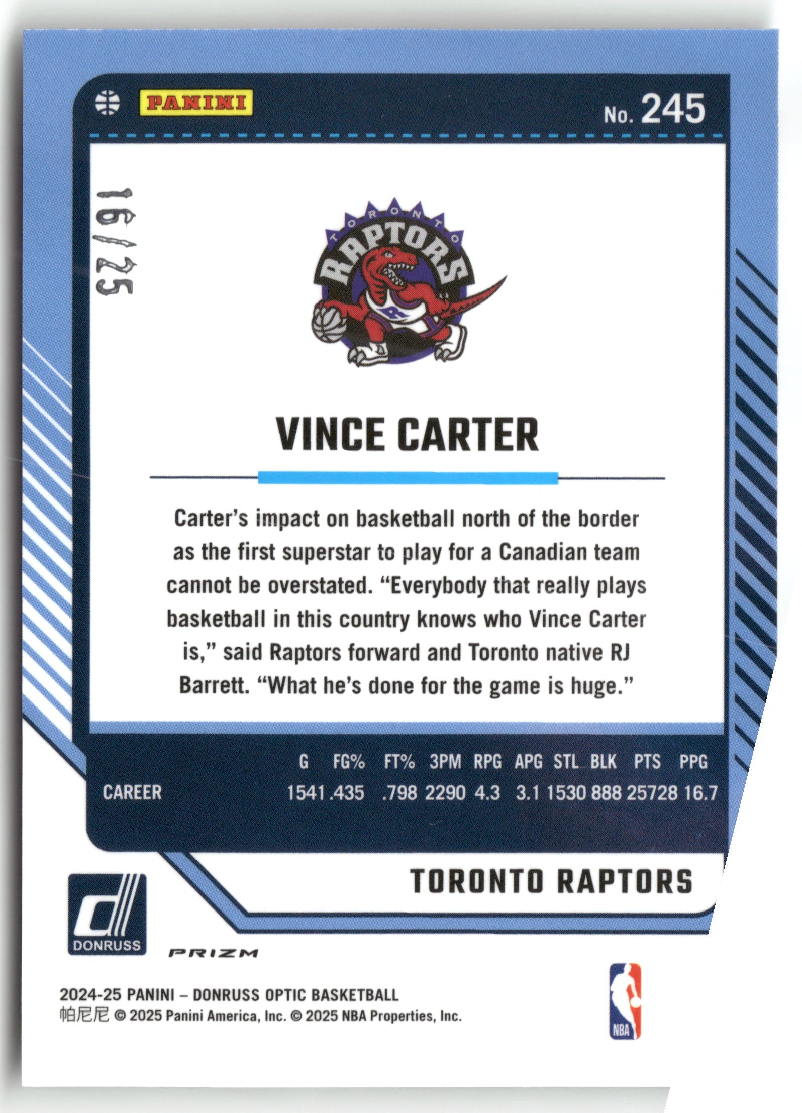 Basketball NBA Vince Carter 2024-25 Panini Donruss Optic Basketball #245 Cracked Ice Prizm /25 Toronto Raptors Trading Card Original