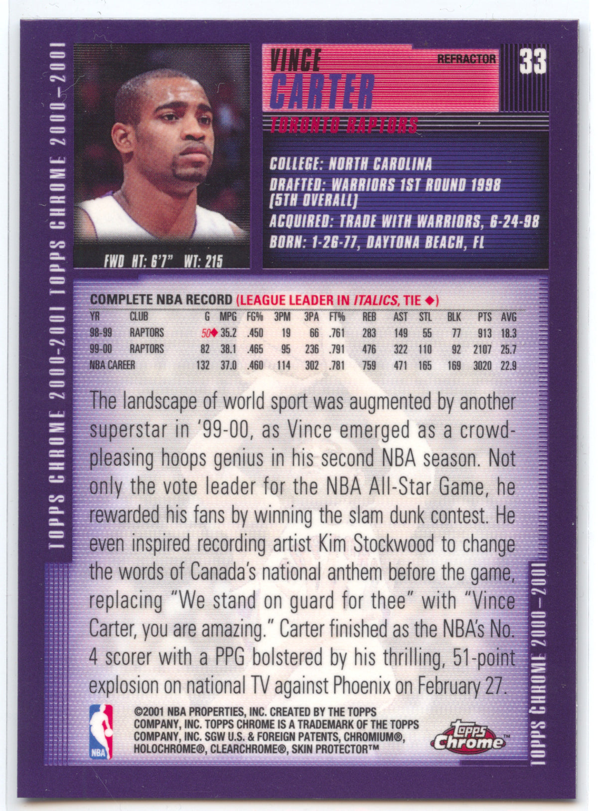 Basketball NBA Vince Carter 2000-01 Topps Chrome #33 Refractor Toronto Raptors Trading Card Original