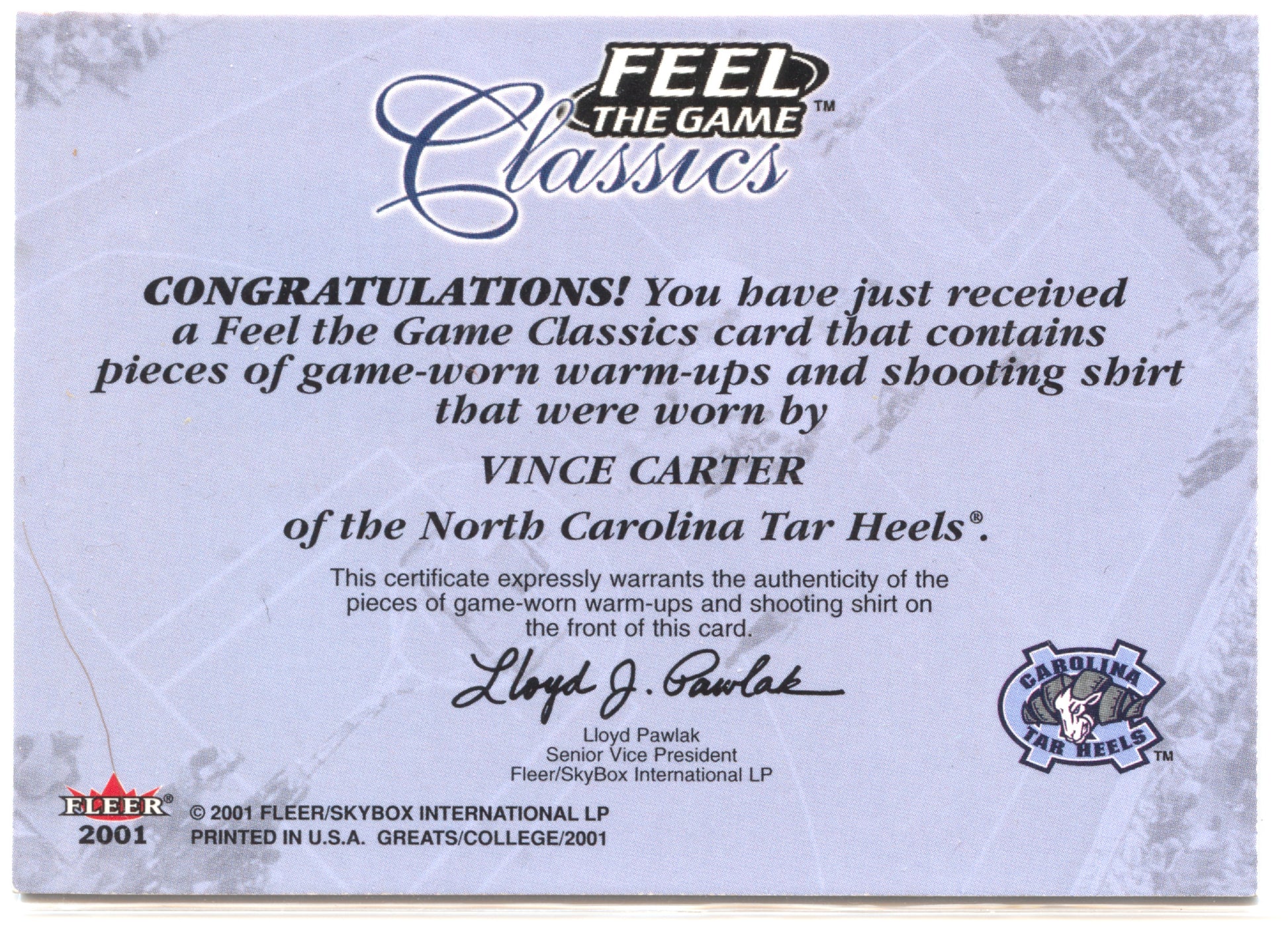 Basketball NBA Vince Carter 2001 Fleer Feel the Game Classics Game Worn North Carolina Tar Heels Trading Card Original