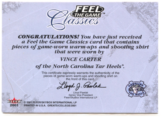 Basketball NBA Vince Carter 2001 Fleer Feel the Game Classics Game Worn North Carolina Tar Heels Trading Card Original