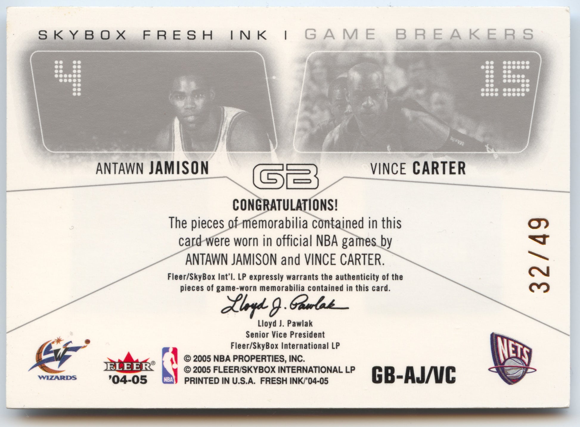 Basketball NBA Antawn Jamison / Vince Carter 2004-05 Skybox Fresh Ink #GB-AJ/VC Game Worn /49 Washington Wizards / New Jersey Nets Trading Card Original