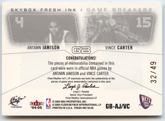 Basketball NBA Antawn Jamison / Vince Carter 2004-05 Skybox Fresh Ink #GB-AJ/VC Game Worn /49 Washington Wizards / New Jersey Nets Trading Card Original