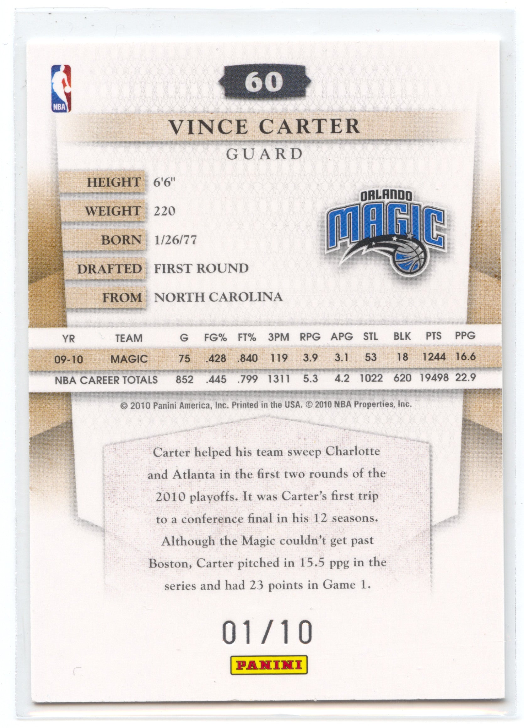 Basketball NBA Vince Carter 2010-11 Panini Timeless Treasures #60 Gold 01/10 First Of The Line Orlando Magic Trading Card Original
