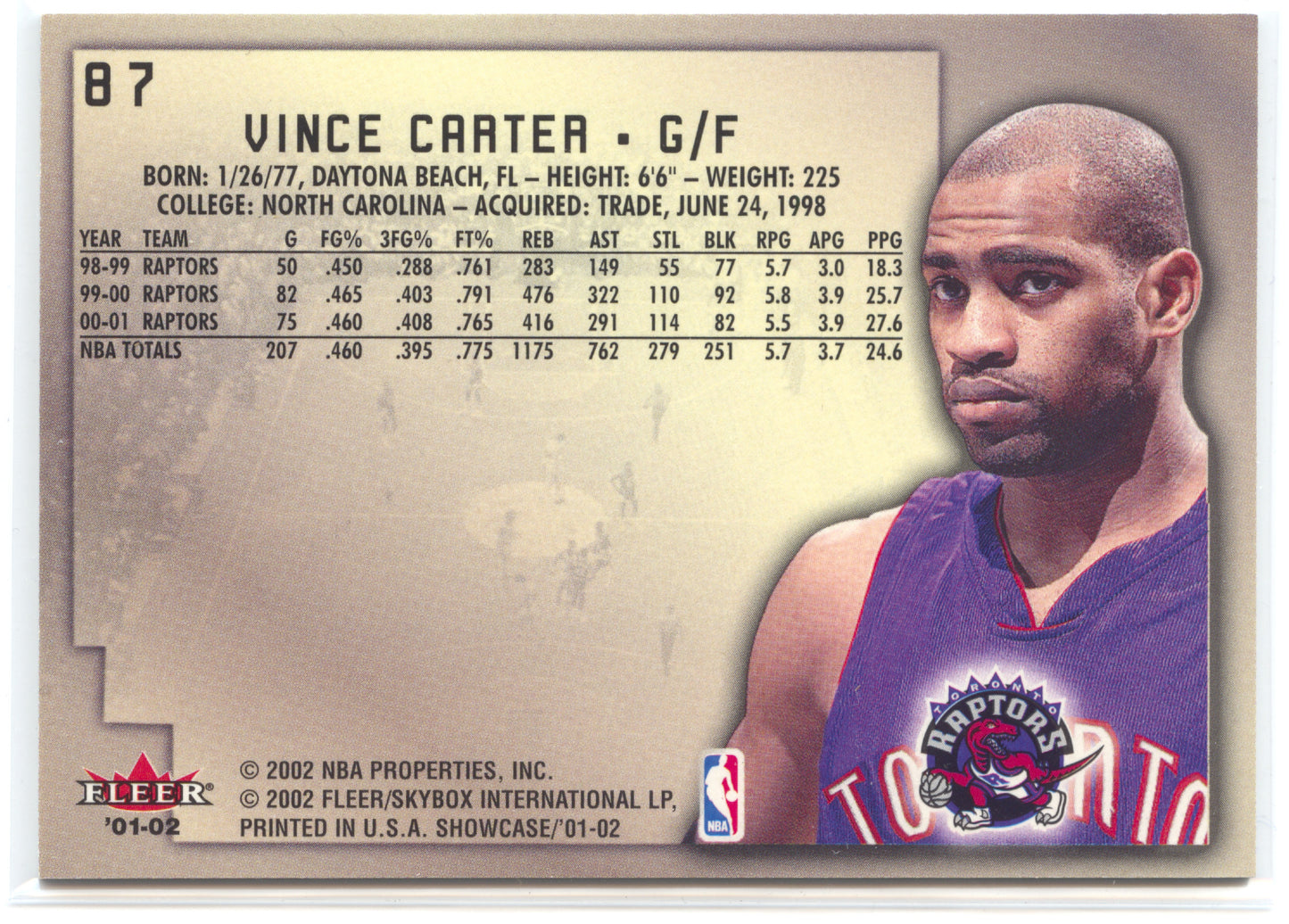 Basketball NBA Vince Carter 2001-02 Fleer Showcase #87 Avant Card Toronto Raptors Trading Card Original