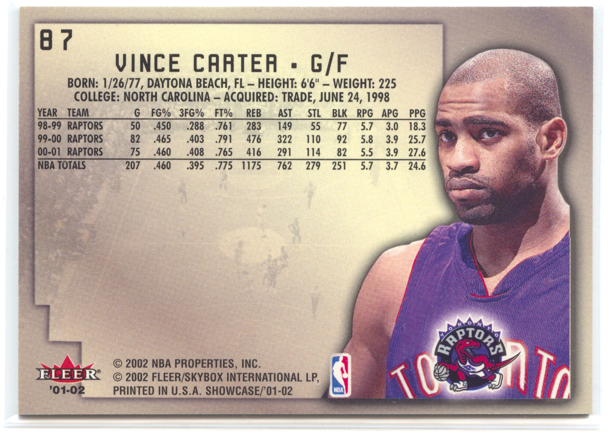 Basketball NBA Vince Carter 2001-02 Fleer Showcase #87 Avant Card Toronto Raptors Trading Card Original