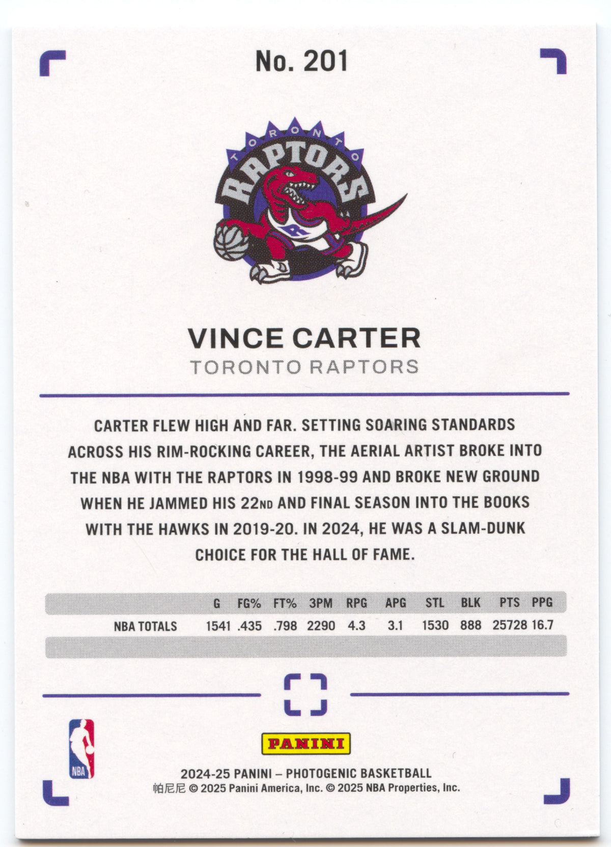 Basketball NBA Vince Carter 2024-25 Panini Photogenic Basketball #201 Purple Seismic 01/08 FOTL Toronto Raptors Trading Card Original