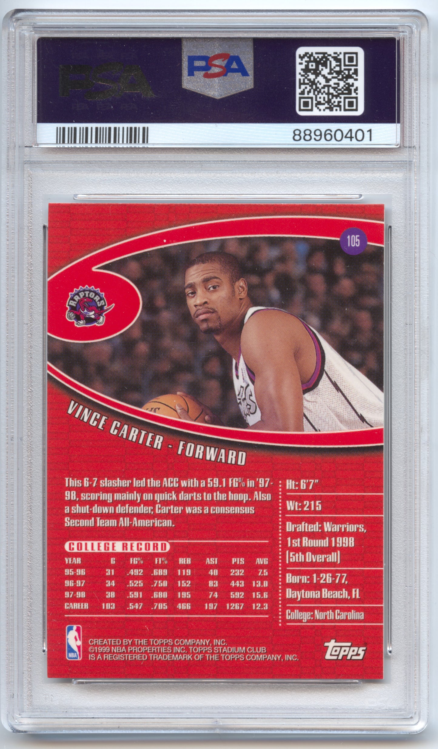 Basketball NBA Vince Carter 1998 Stadium Club 1998-99 #105 PSA 9 Toronto Raptors Rookie Card RC Trading Card Original