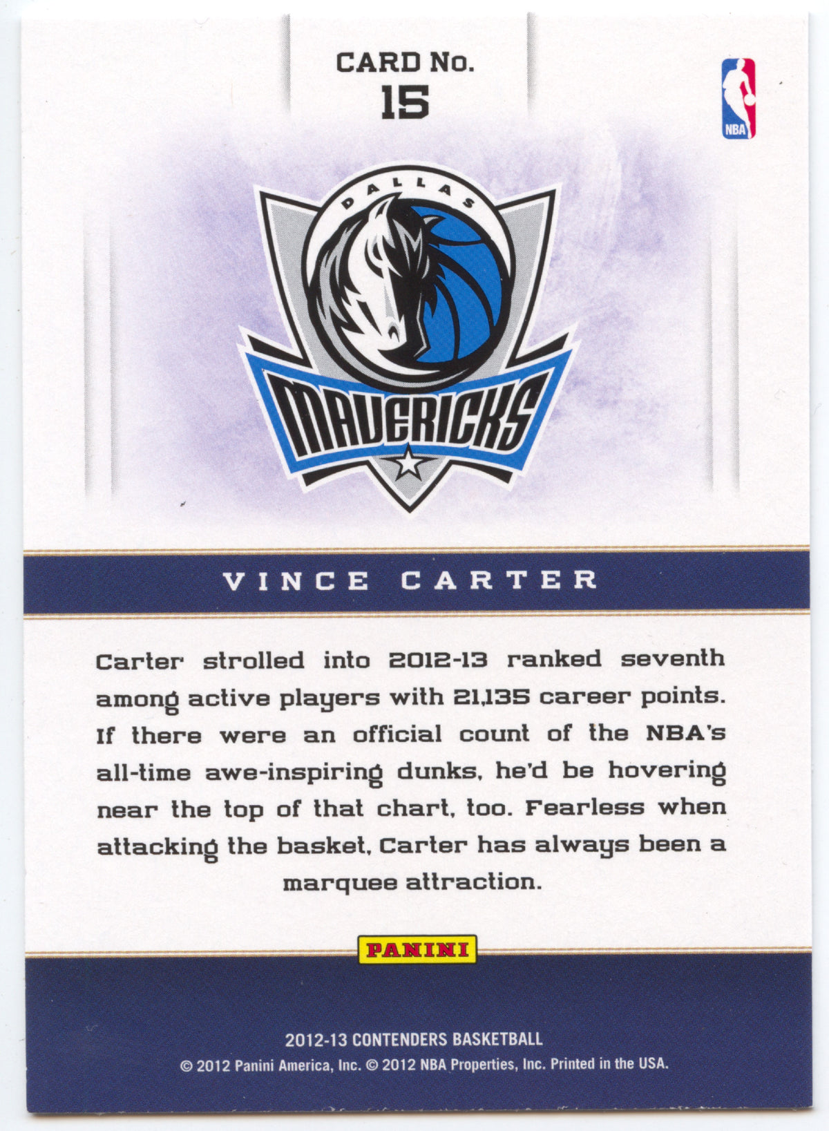 Basketball NBA Vince Carter 2012-13 Panini Contenders Basketball #15 Hall Of Fame SSP Dallas Mavericks Trading Card Original