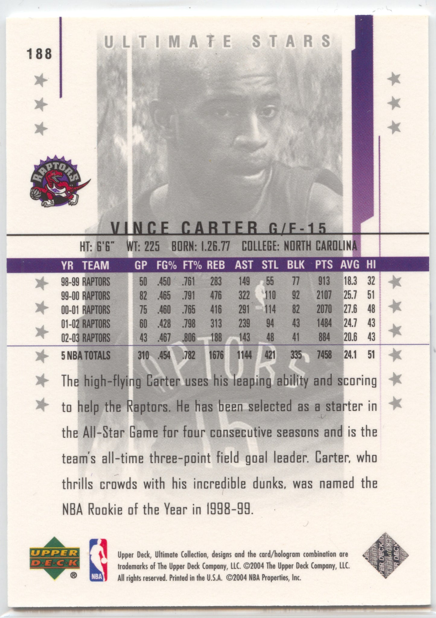 Basketball NBA Vince Carter 2003-04 Upper Deck Ultimate Collection #188 Ultimate Stars /500 Toronto Raptors Trading Card Original