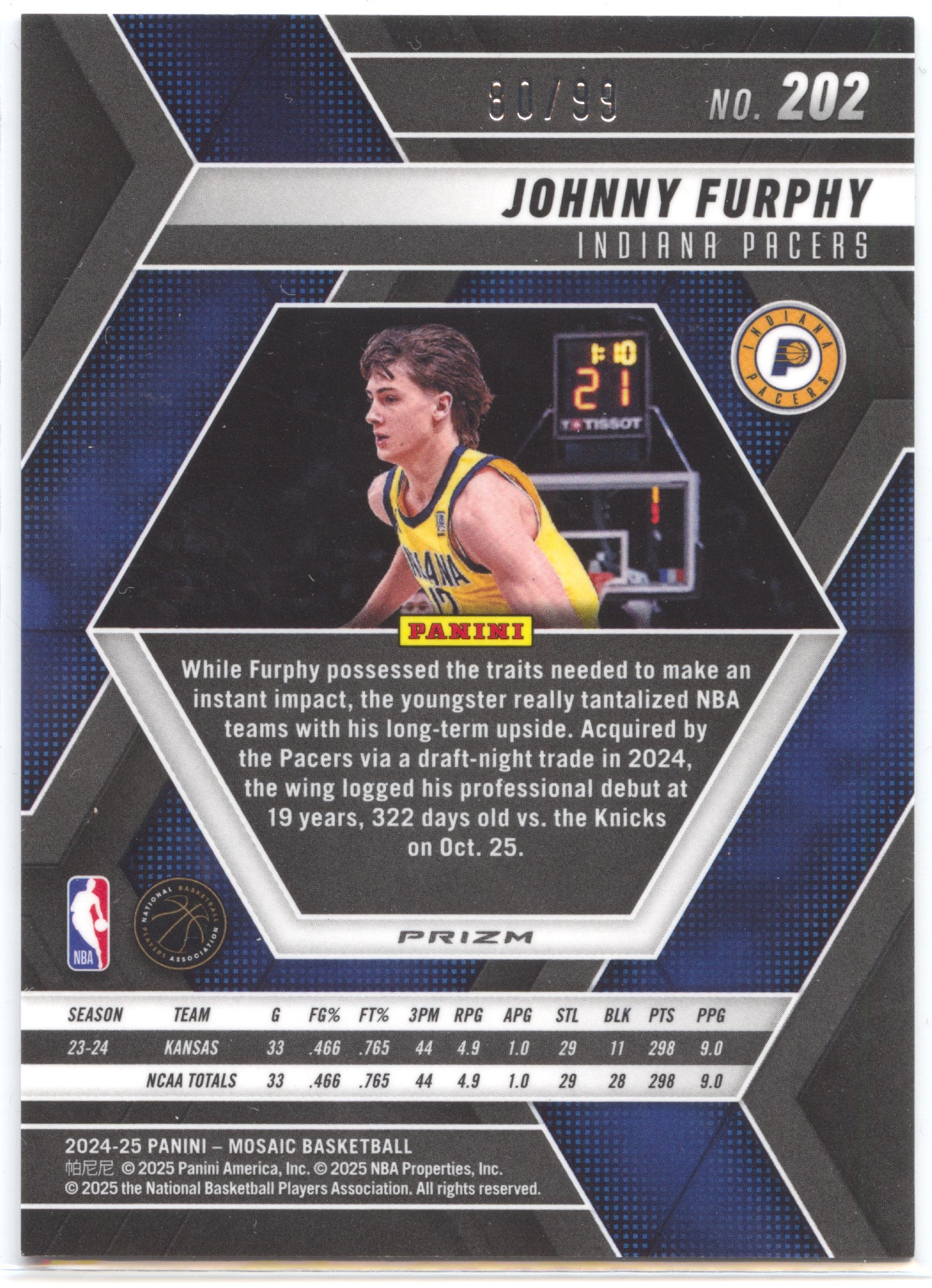 Basketball NBA Johnny Furphy 2024-25 Panini Mosaic Basketball #202 Red Fast Break Prizm /100 Indiana Pacers Rookie Card RC Trading Card Original
