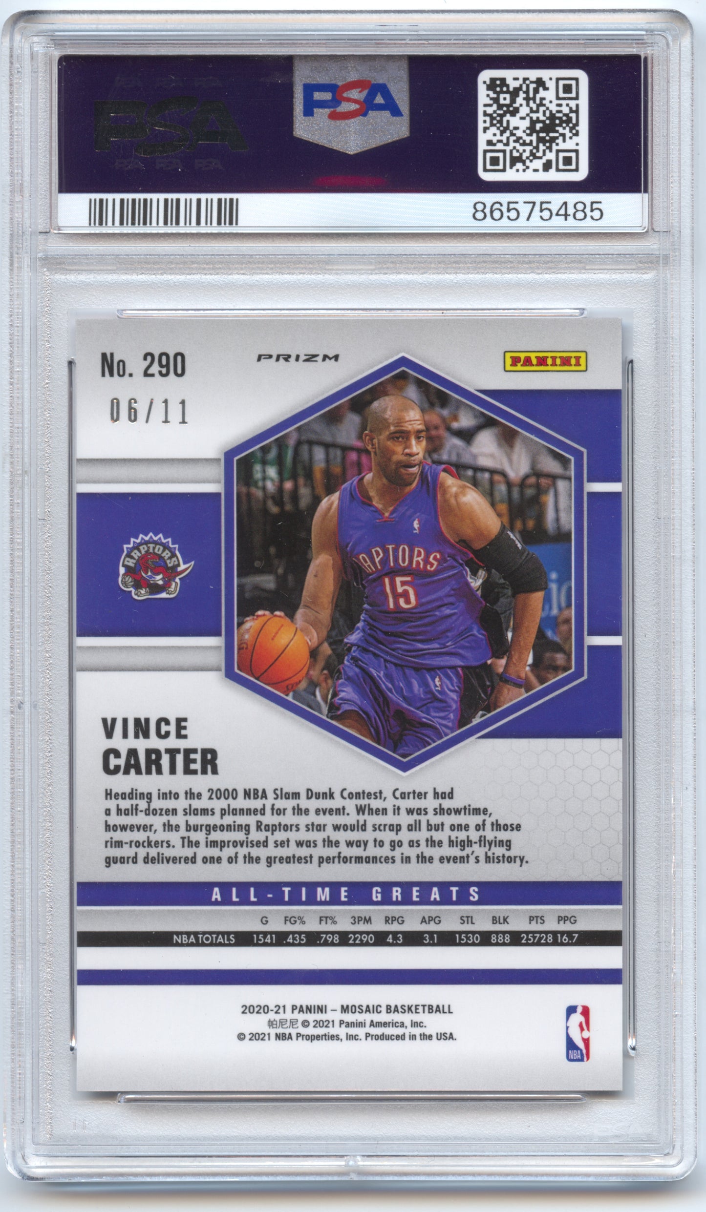 Basketball NBA Vince Carter 2020-21 Panini Mosaic Basketball #290 Pink Swirl /11 PSA 10 Toronto Raptors Trading Card Original
