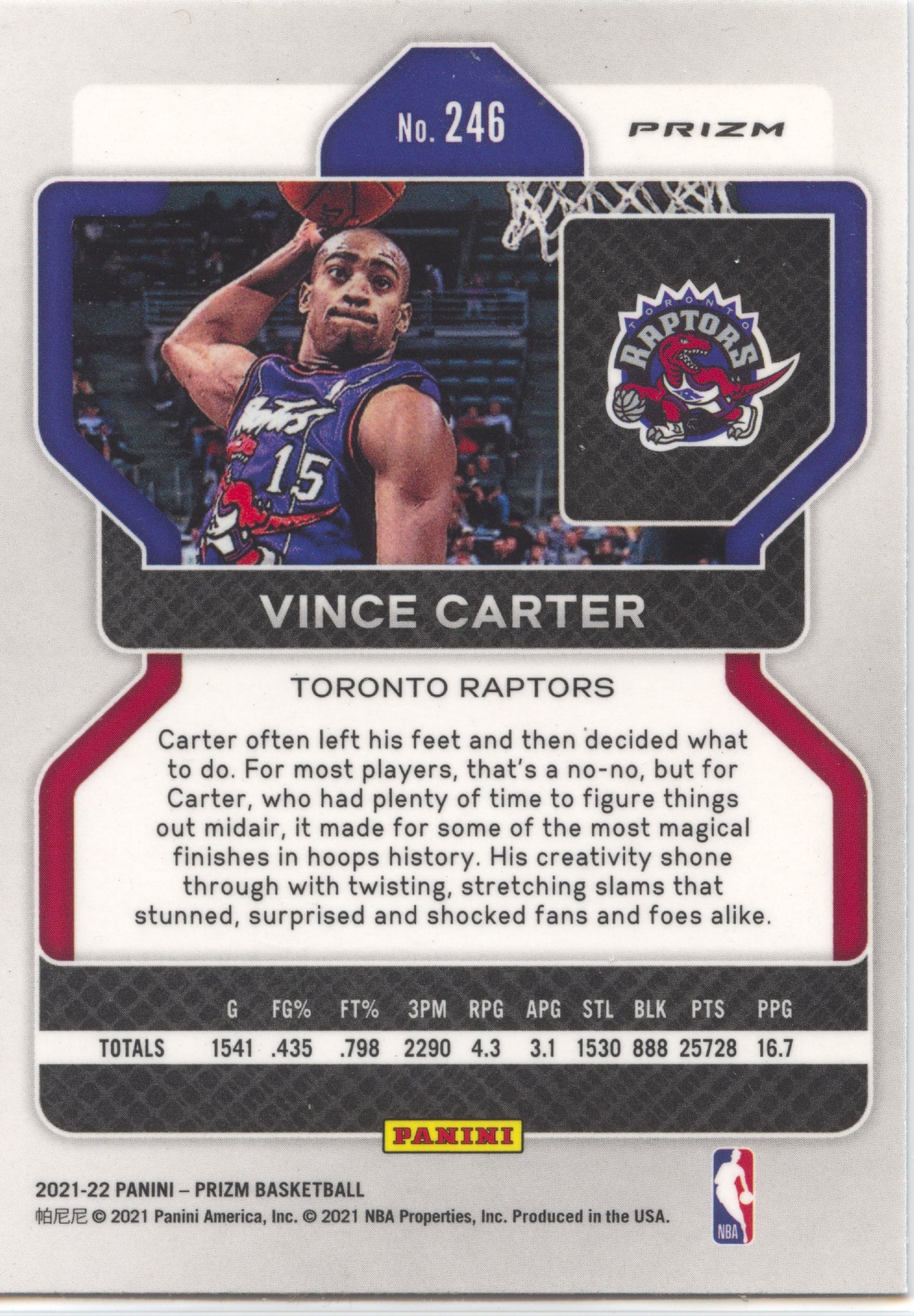 Basketball NBA Vince Carter 2021-22 Panini Prizm Basketball #246 White Sparkle SSP Toronto Raptors Trading Card Original