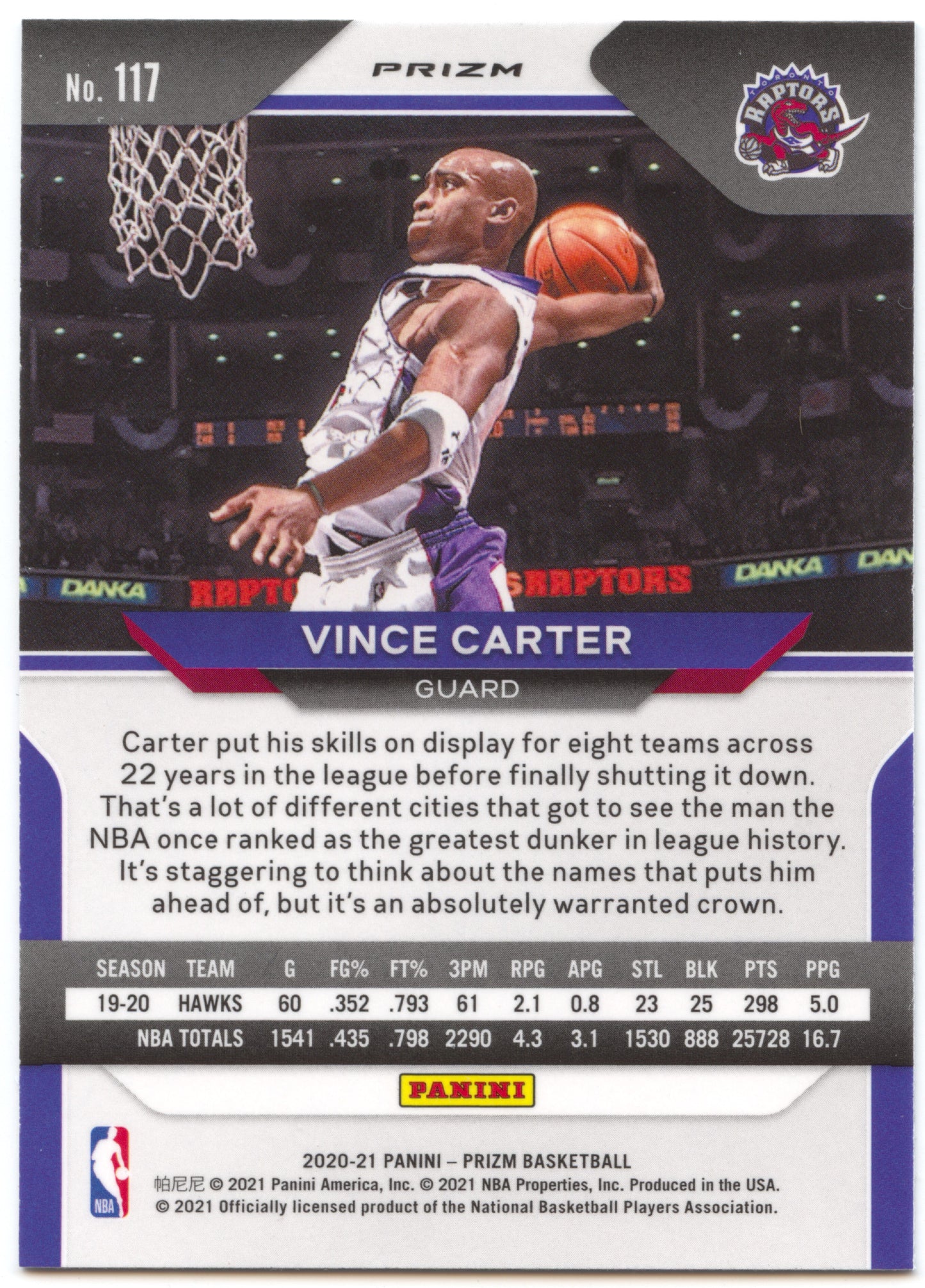 Basketball NBA Vince Carter 2020-21 Panini Prizm Basketball #117 White Sparkle SSP Toronto Raptors Trading Card Original