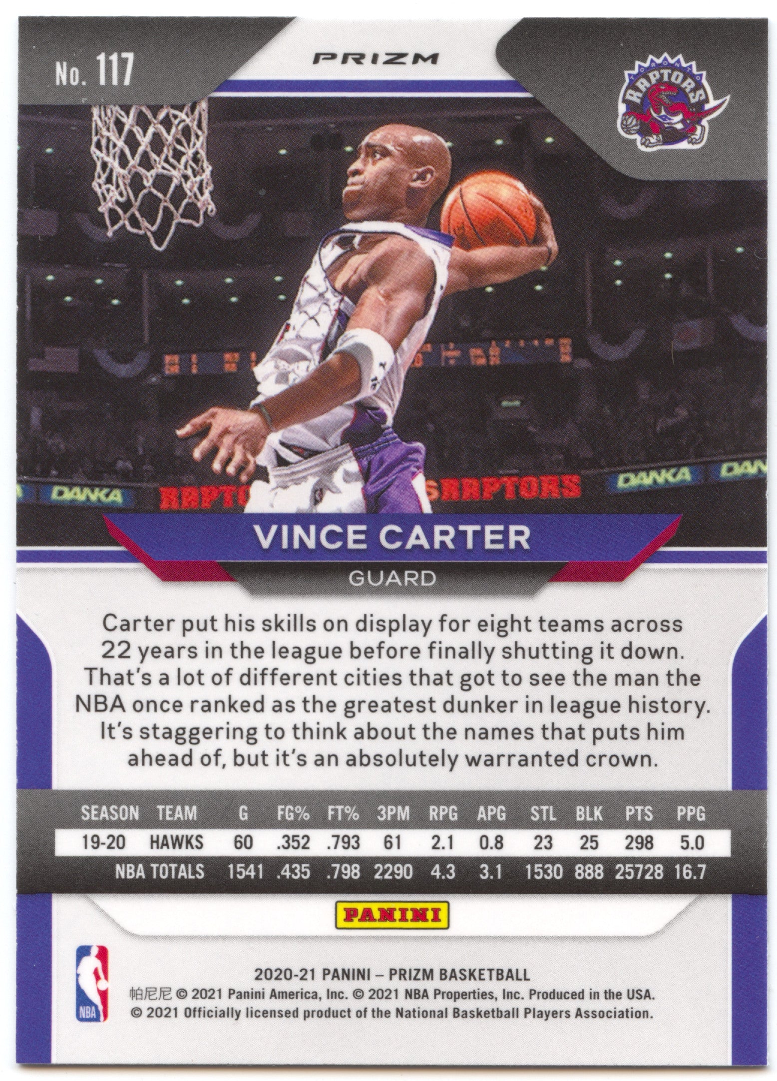 Basketball NBA Vince Carter 2020-21 Panini Prizm Basketball #117 White Sparkle SSP Toronto Raptors Trading Card Original