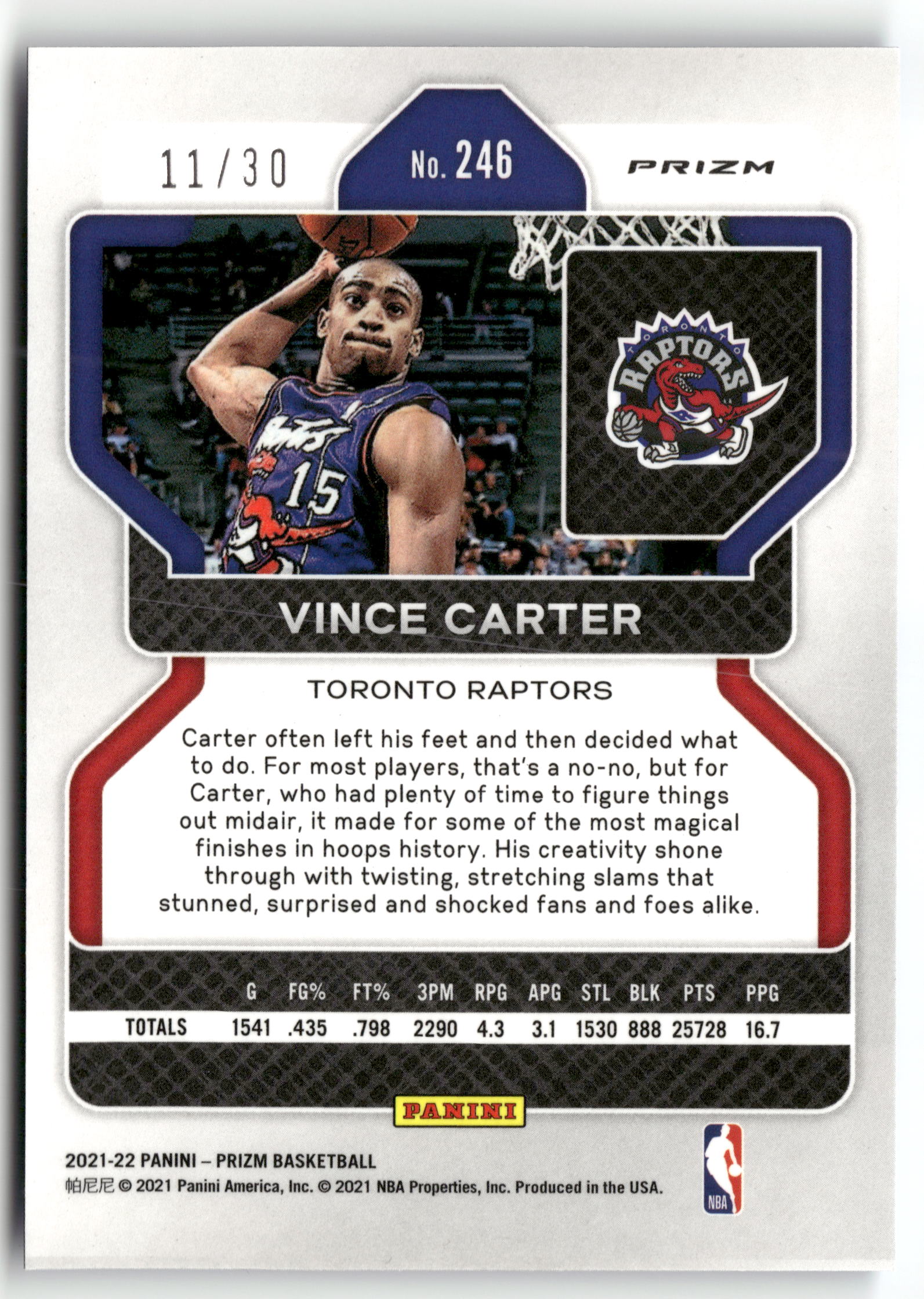 Basketball NBA Vince Carter 2021-22 Panini Prizm Basketball #246 Blue Shimmer Prizm 11/30 Toronto Raptors Trading Card Original