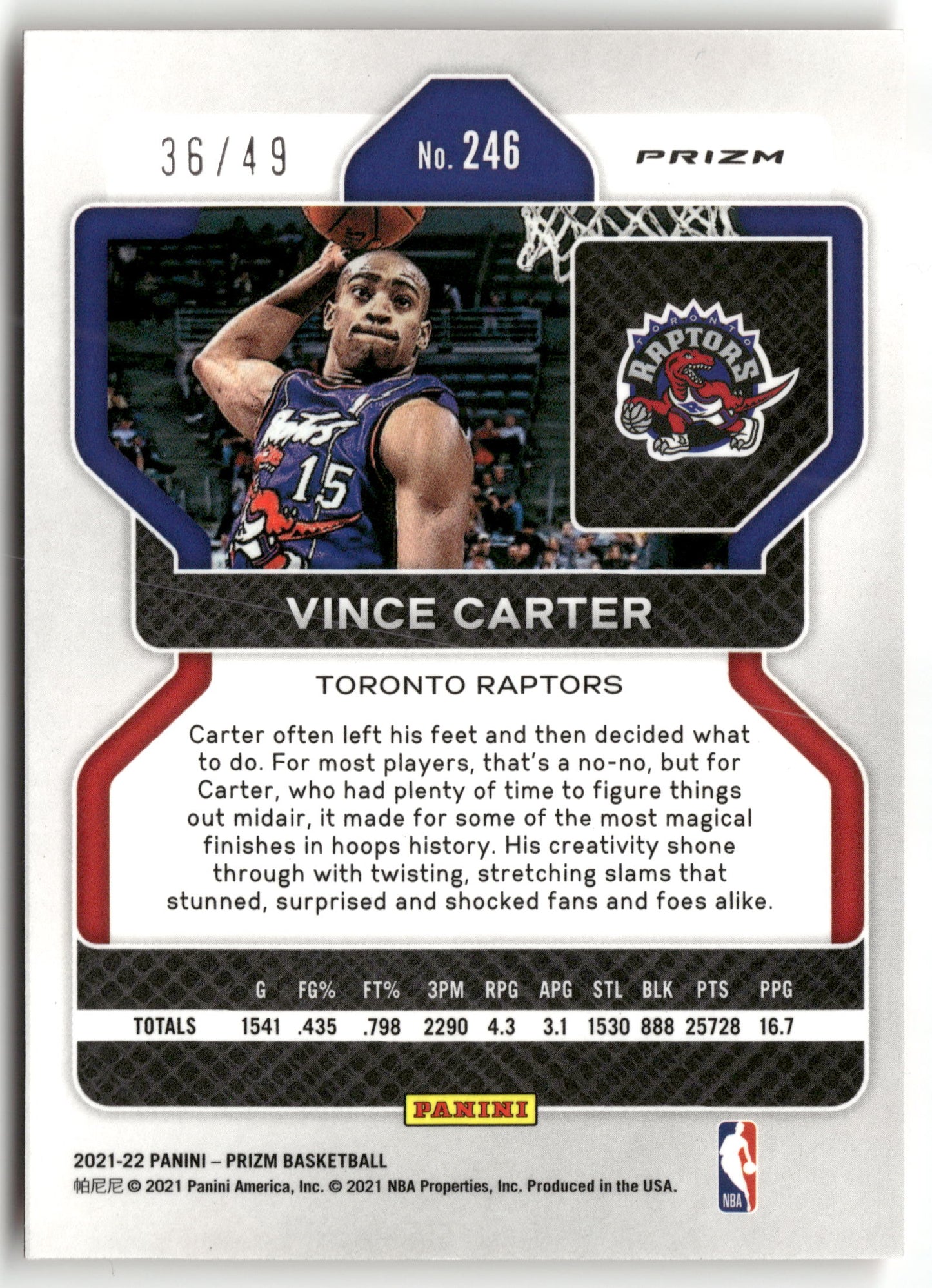 Basketball NBA Vince Carter 2021-22 Panini Prizm Basketball #246 True Orange Prizm 36/49 Toronto Raptors Trading Card Original