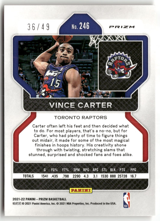 Basketball NBA Vince Carter 2021-22 Panini Prizm Basketball #246 True Orange Prizm 36/49 Toronto Raptors Trading Card Original