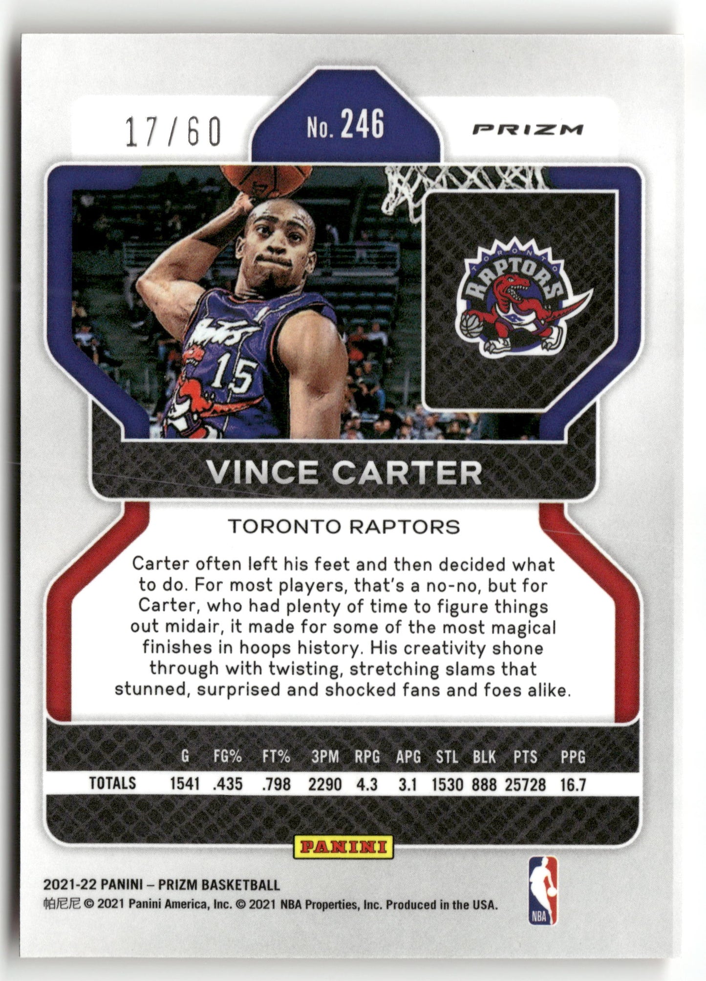 Basketball NBA Vince Carter 2021-22 Panini Prizm Basketball #246 Orange Wave Prizm 17/60 Toronto Raptors Trading Card Original