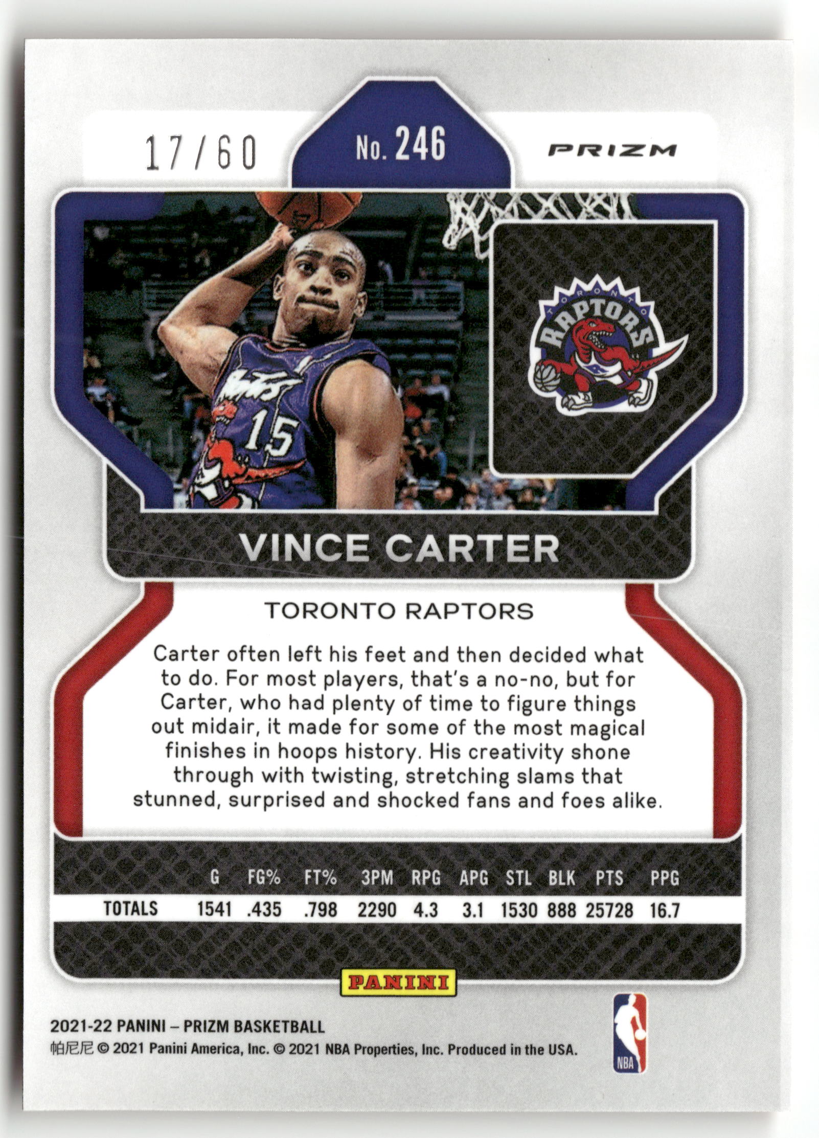 Basketball NBA Vince Carter 2021-22 Panini Prizm Basketball #246 Orange Wave Prizm 17/60 Toronto Raptors Trading Card Original