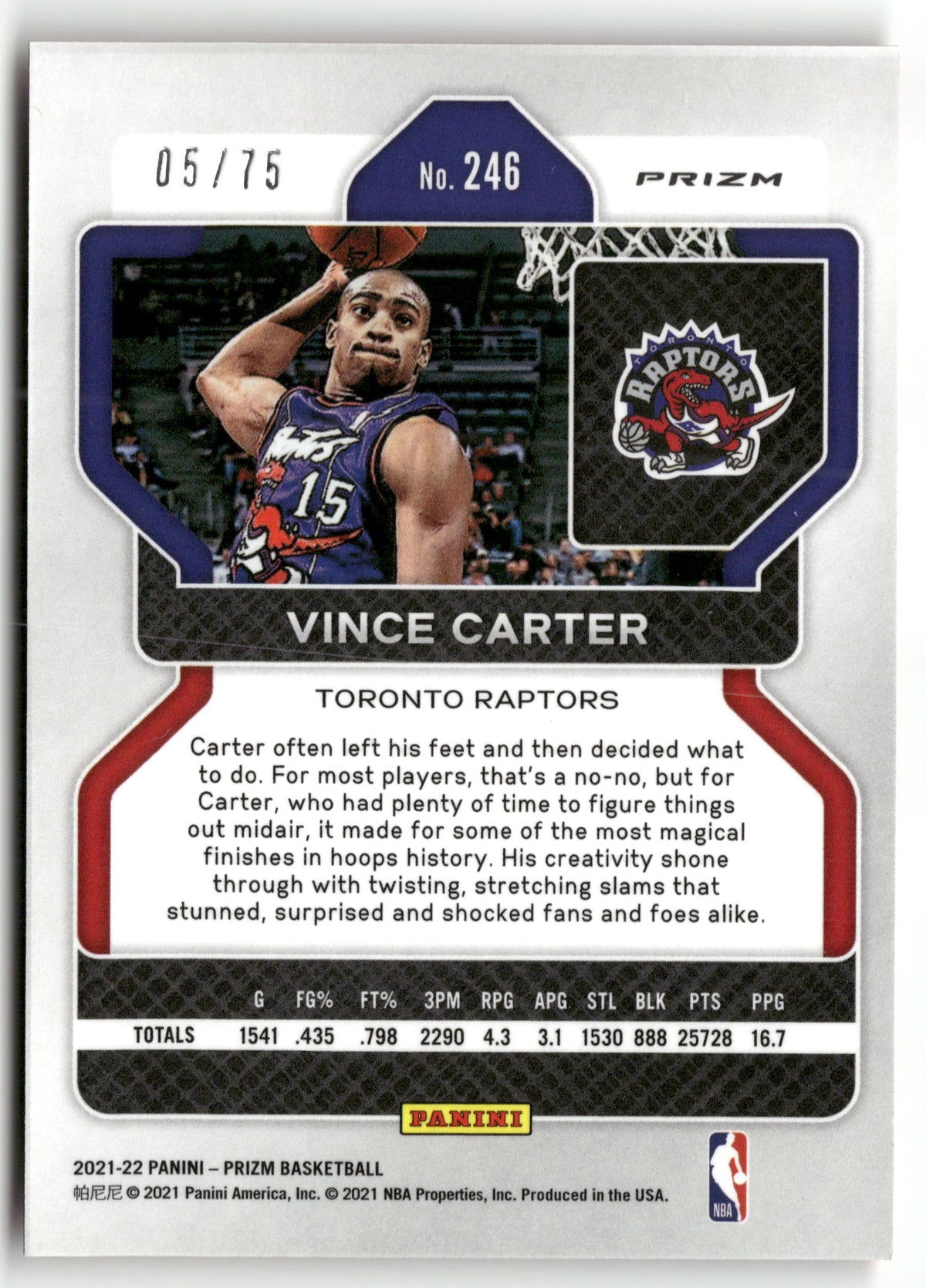 Basketball NBA Vince Carter 2021-22 Panini Prizm #246 75th NBA Diamond Red SSP 05/75 Toronto Raptors Trading Card Original