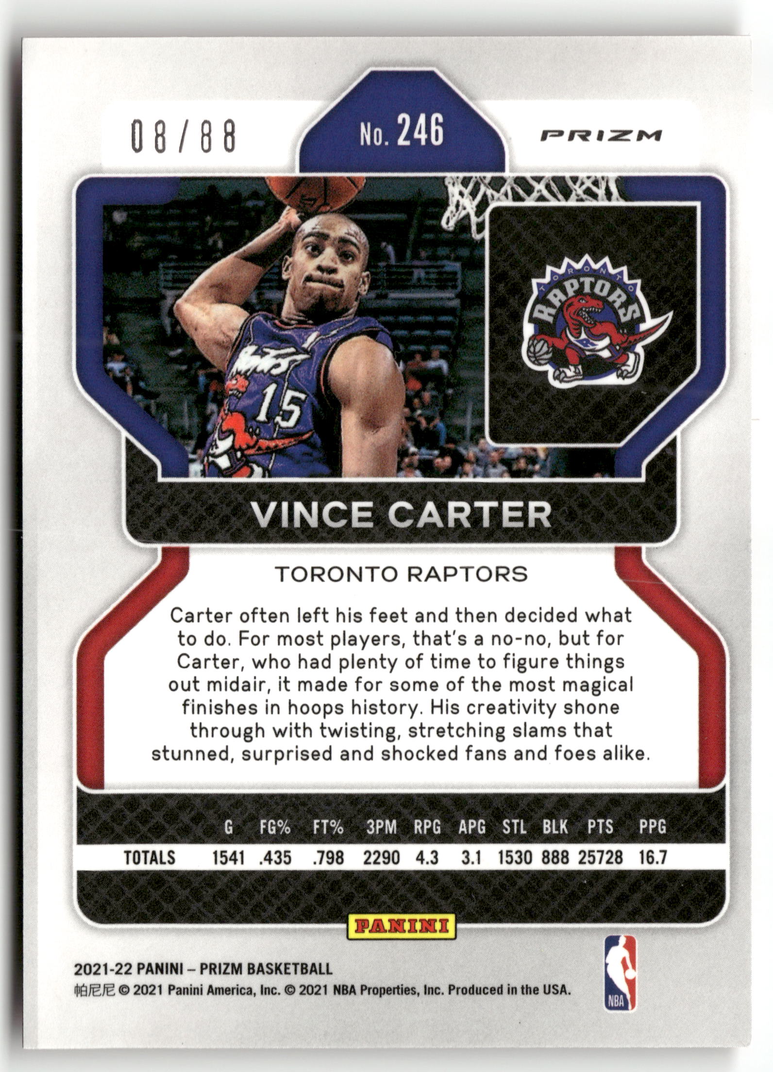 Basketball NBA Vince Carter 2021-22 Panini Prizm #246 Red Choice Prizm 08/88 Toronto Raptors Trading Card Original