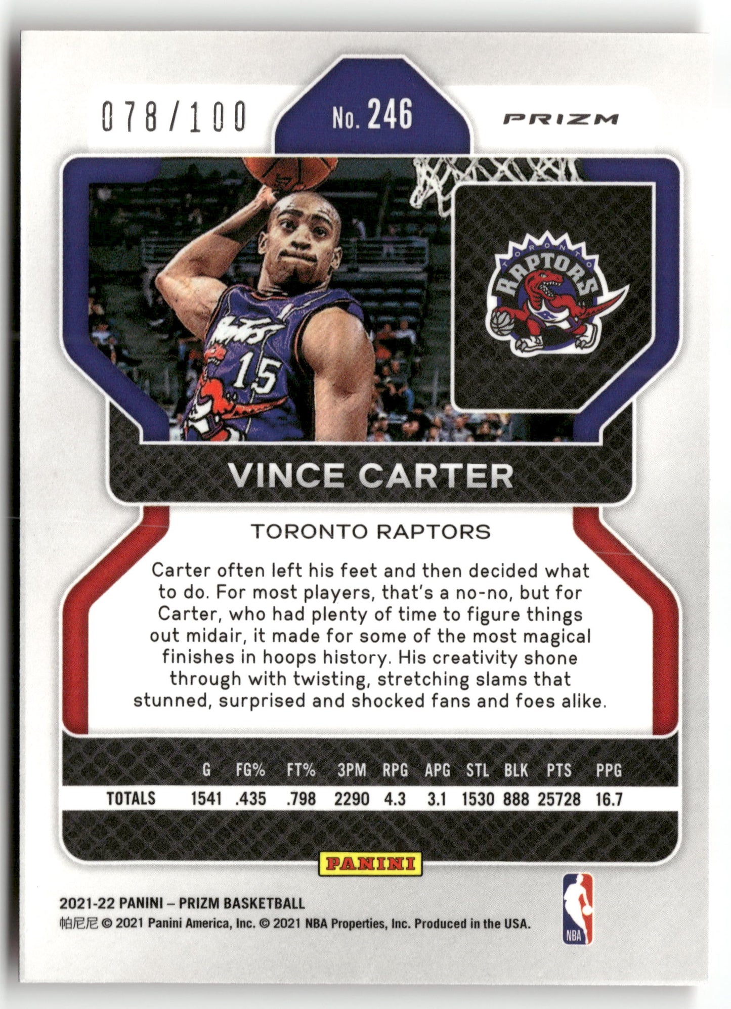 Basketball NBA Vince Carter 2021-22 Panini Prizm Basketball #246 Red Fast Break Prizm 078/100 Toronto Raptors Trading Card Original