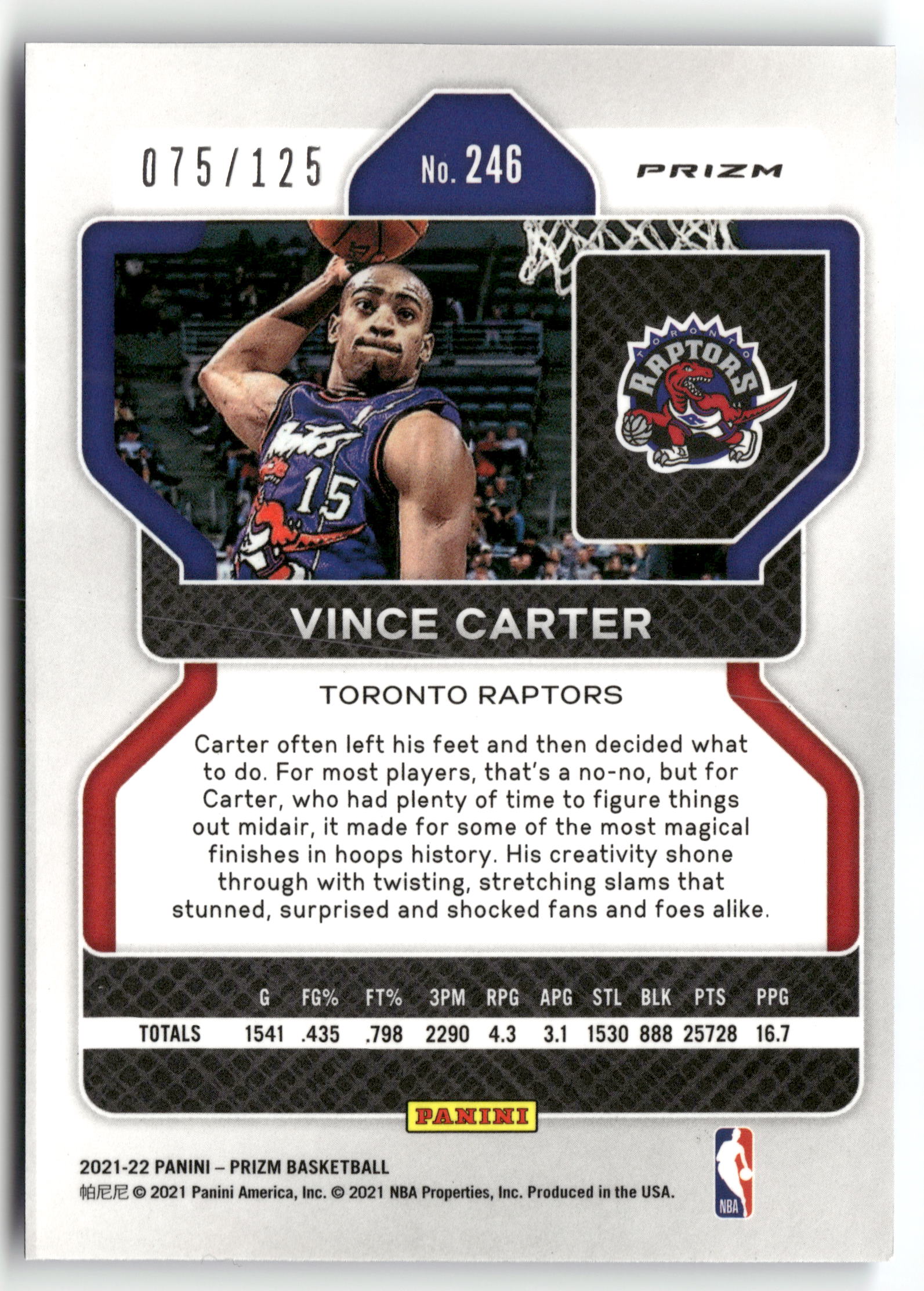 Basketball NBA Vince Carter 2021-22 Panini Prizm #246 Blue Cracked Ice Prizm /125 Toronto Raptors Trading Card Original