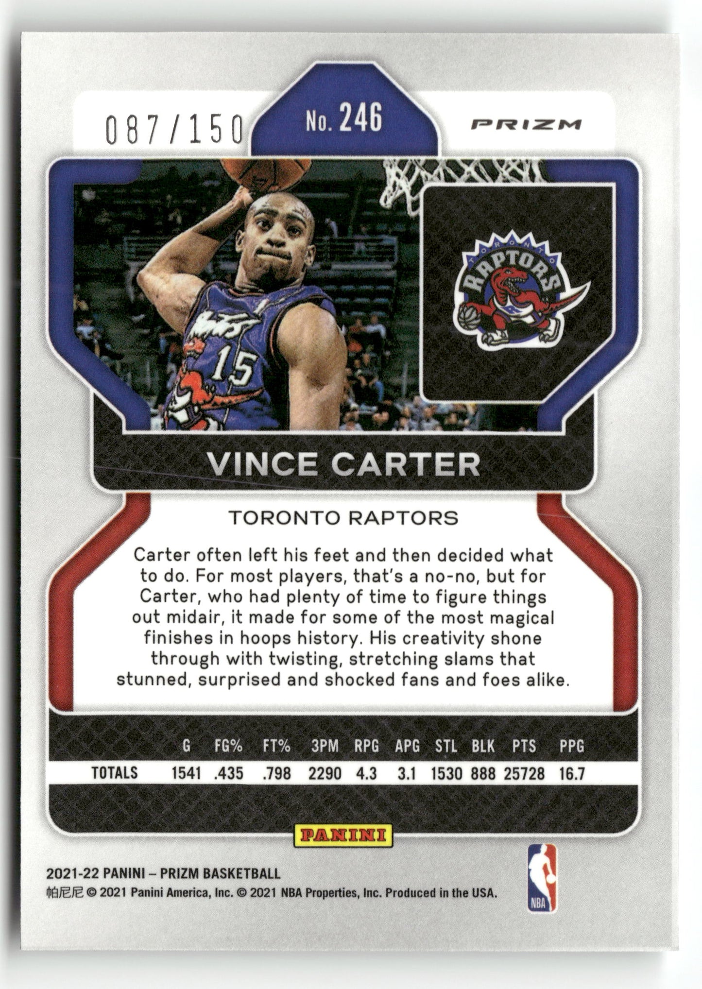Basketball NBA Vince Carter 2021-22 Panini Prizm Basketball #246 Pandora Prizm SP 087/150 Toronto Raptors Trading Card Original