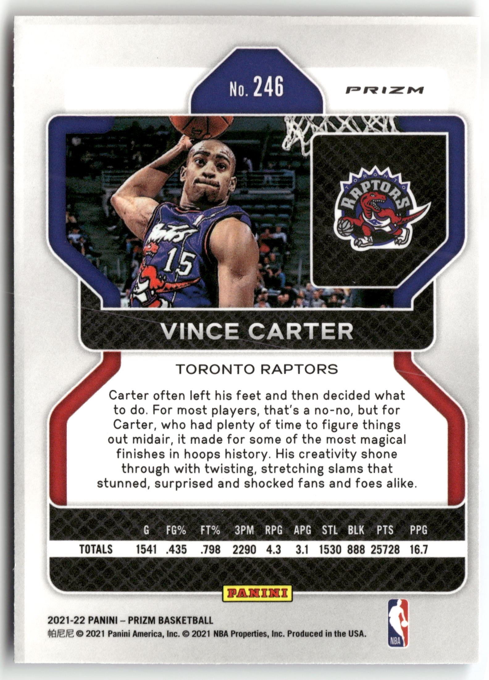 Basketball NBA Vince Carter 2021-22 Panini Prizm #246 Red White Blue Prizm Toronto Raptors Trading Card Original