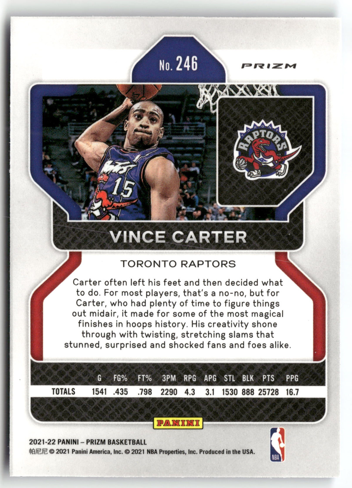 Basketball NBA Vince Carter 2021-22 Panini Prizm #246 Blue Wave Toronto Raptors Trading Card Original