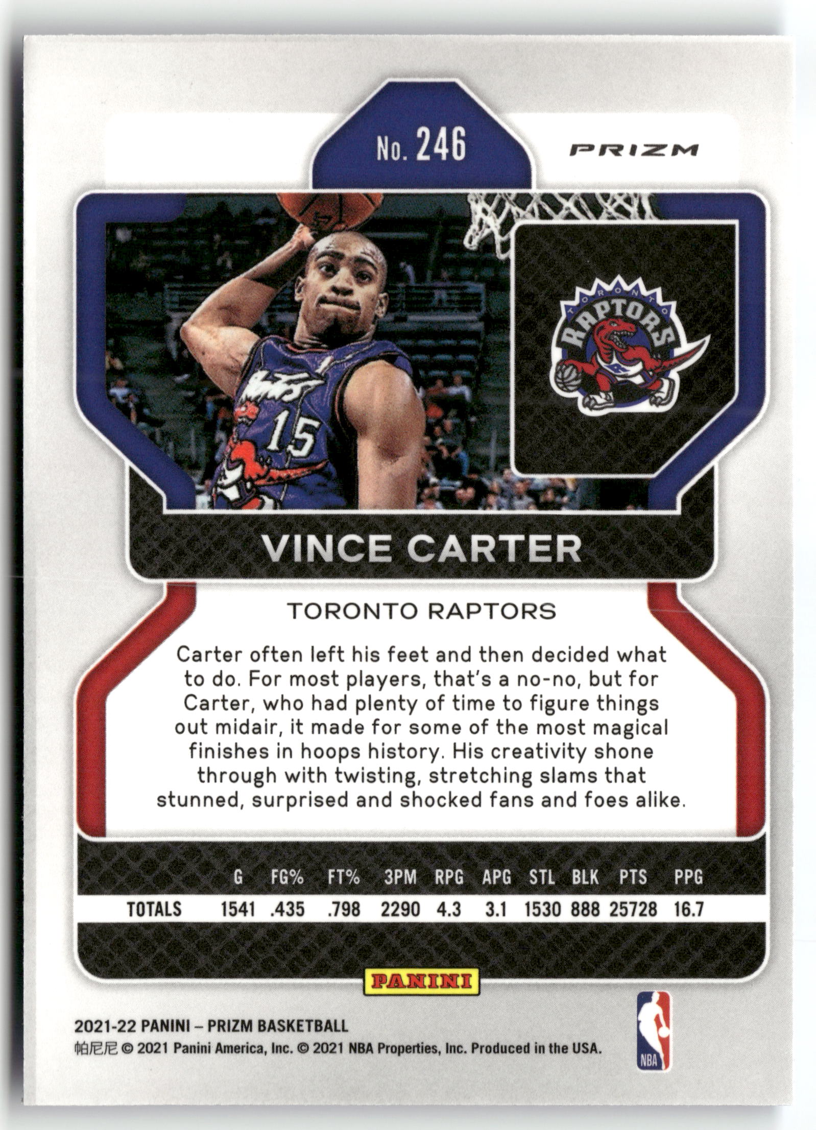 Basketball NBA Vince Carter 2021-22 Panini Prizm Basketball #246 Blue Diamond 75th Anniversary NBA Toronto Raptors Trading Card Original