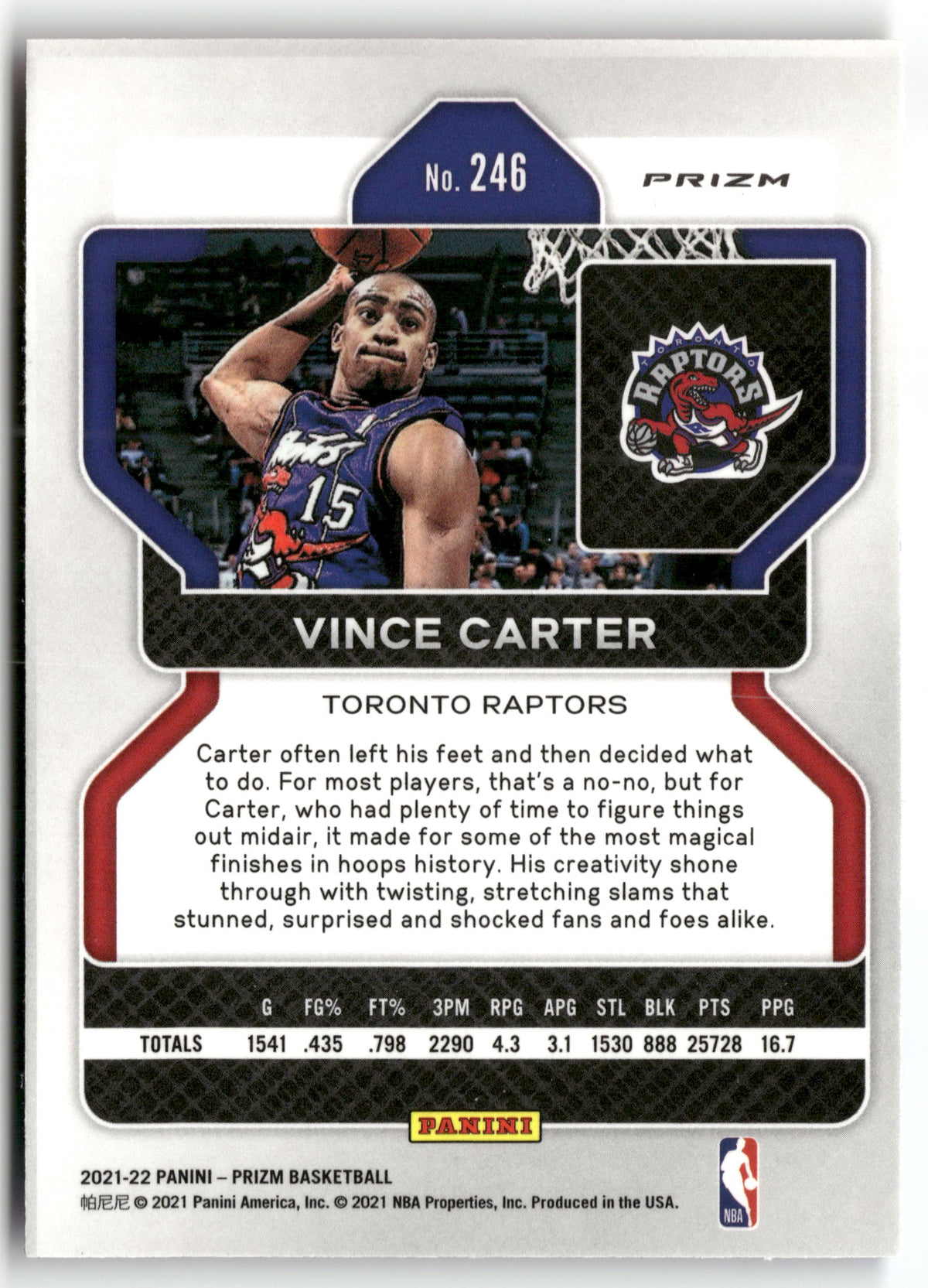 Basketball NBA Vince Carter 2021-22 Panini Prizm Basketball #246 Red White Blue Prizm Toronto Raptors Trading Card Original