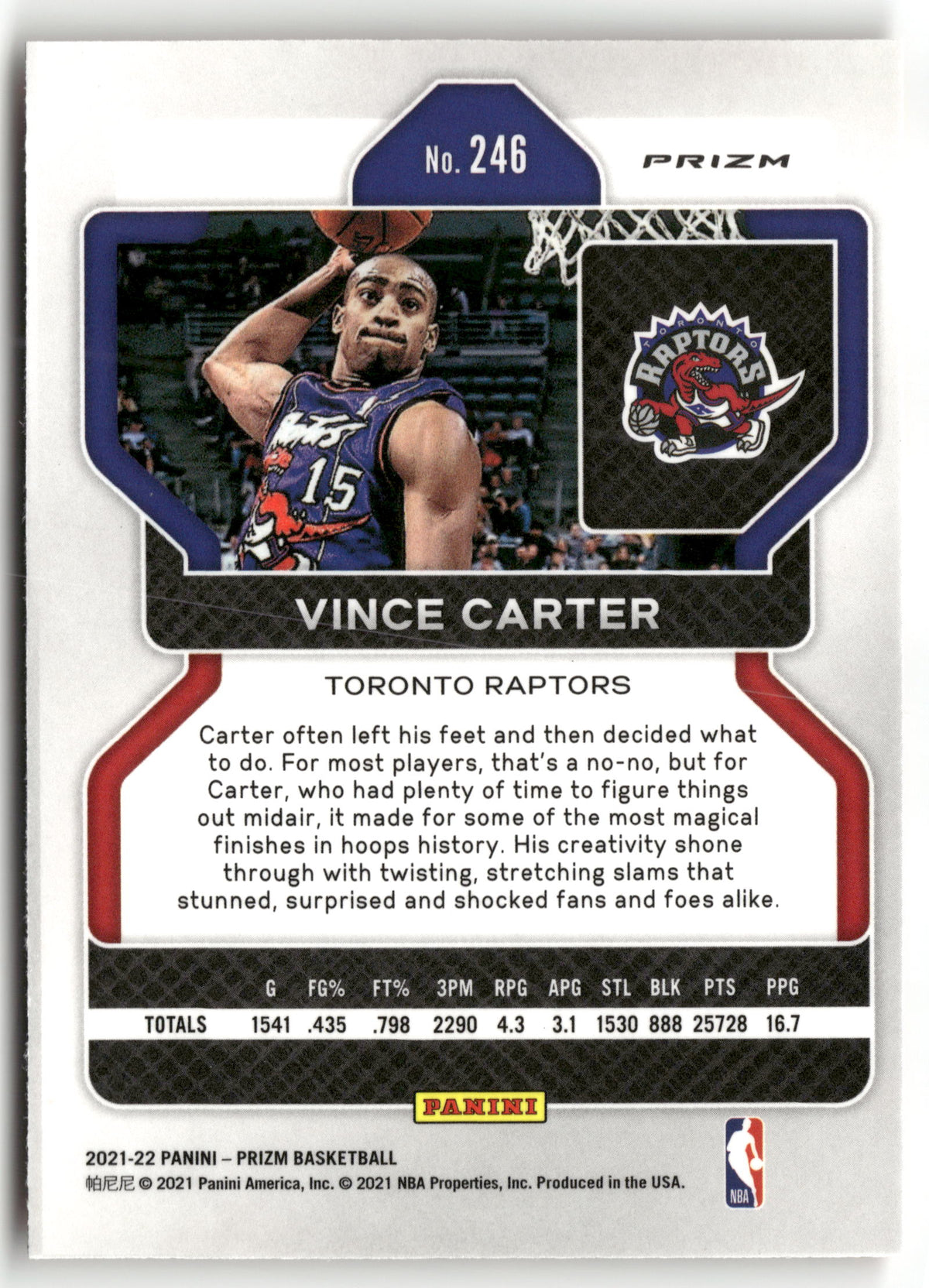 Basketball NBA Vince Carter 2021-22 Panini Prizm Basketball #246 Ornage Cracked Ice Toronto Raptors Trading Card Original