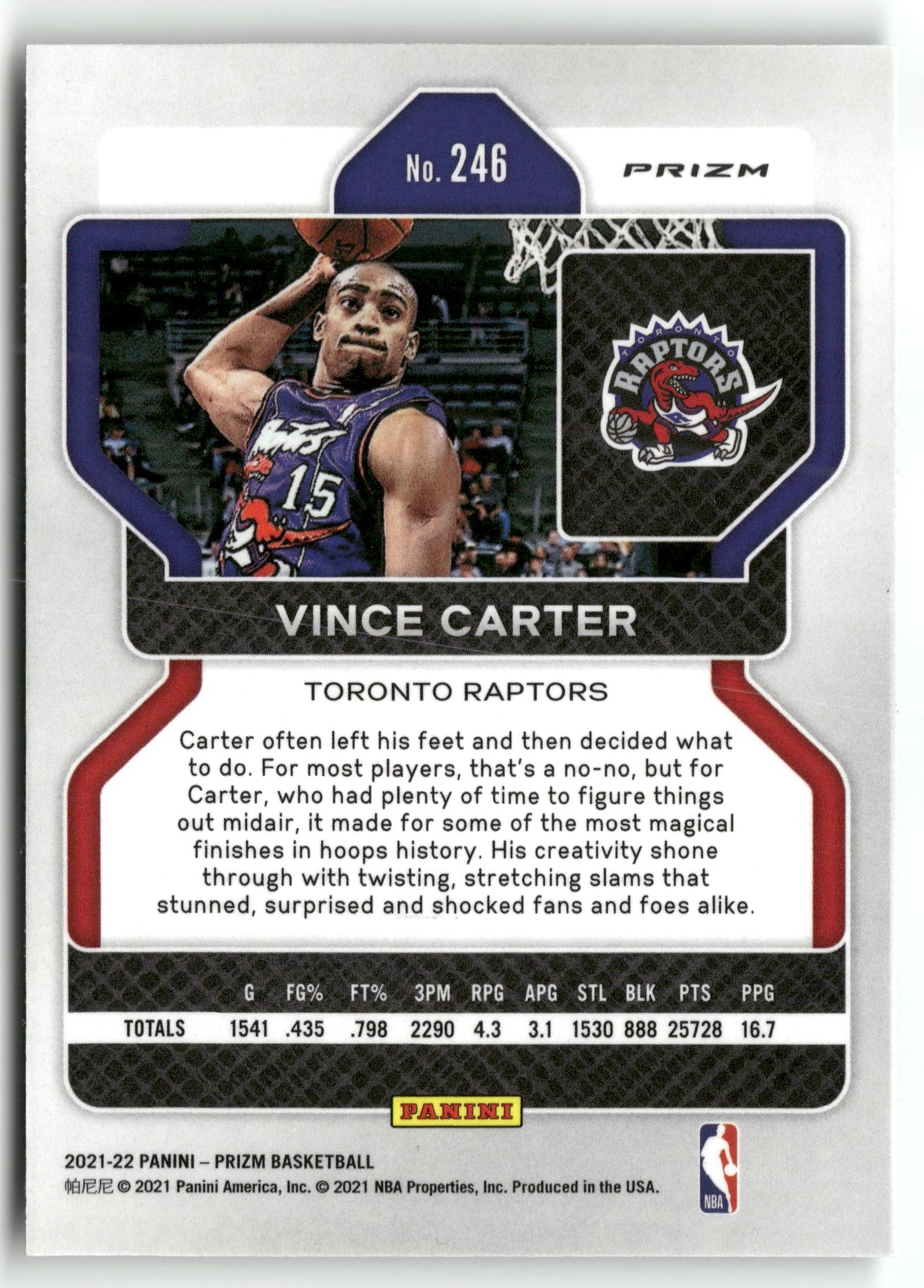 Basketball NBA Vince Carter 2021-22 Panini Prizm Basketball #246 True Green Prizm Toronto Raptors Trading Card Original