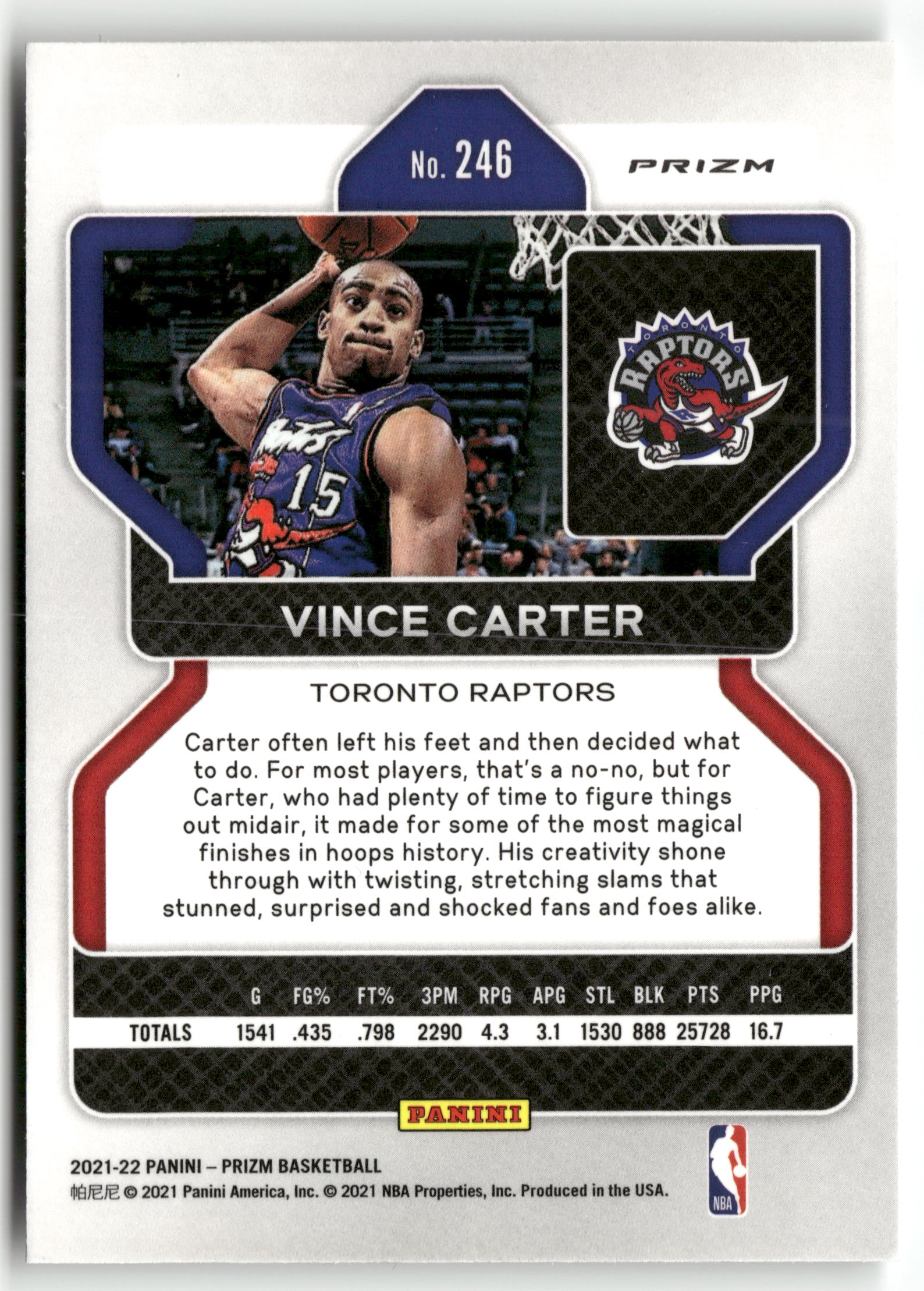 Basketball NBA Vince Carter 2021-22 Panini Prizm #246 Silver Prizm Toronto Raptors Trading Card Original
