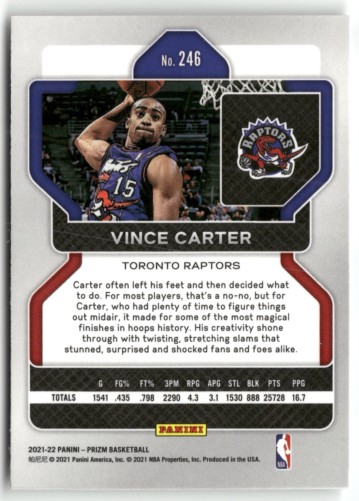 Basketball NBA Vince Carter 2021-22 Panini Prizm #246 Toronto Raptors Trading Card Original
