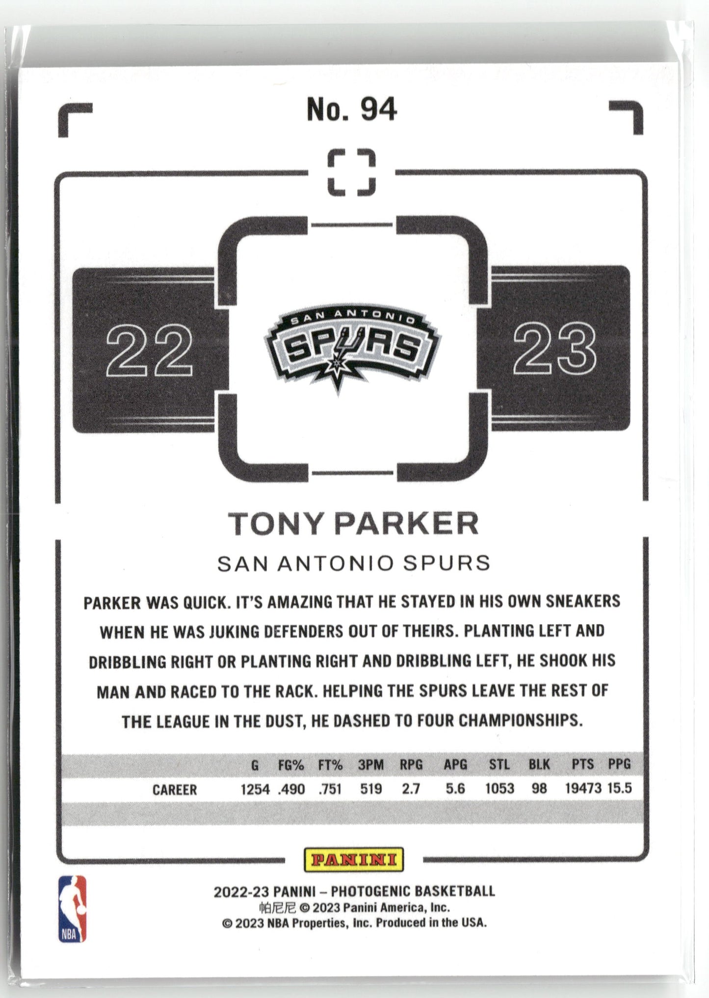 Basketball NBA Tony Parker 2022-23 Panini Photogenic Basketball #94 San Antonio Spurs Trading Card Original