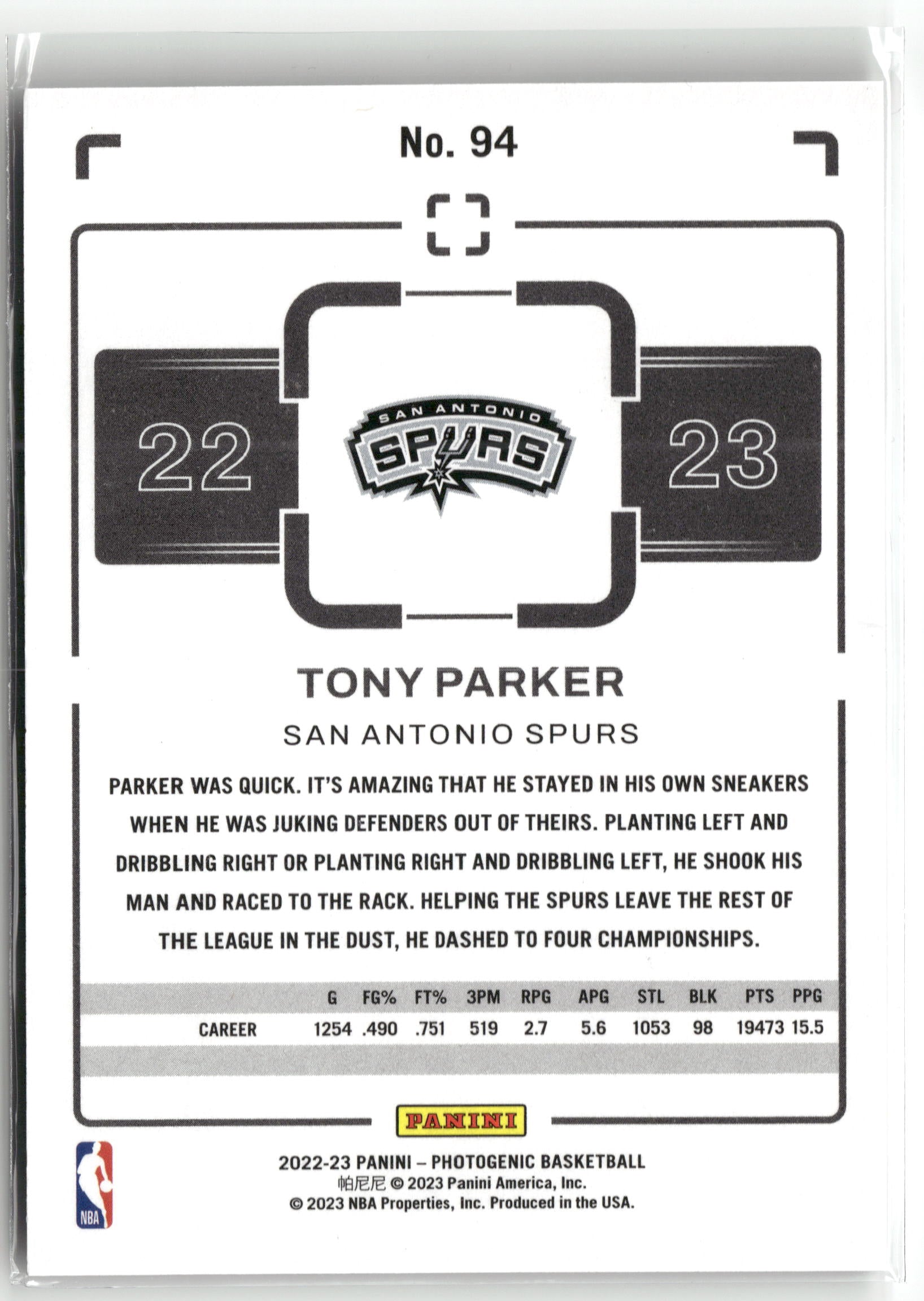 Basketball NBA Tony Parker 2022-23 Panini Photogenic Basketball #94 San Antonio Spurs Trading Card Original