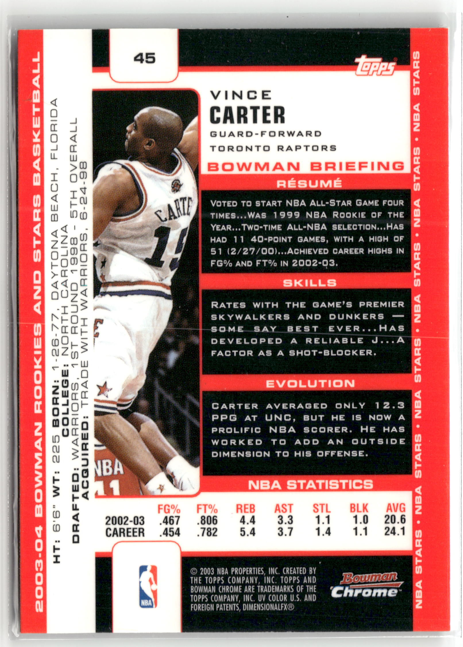 Basketball NBA Vince Carter 2003-04 Bowman Chrome Rookies and Stars Basketball #45 Base Chrome Toronto Raptors Trading Card Original