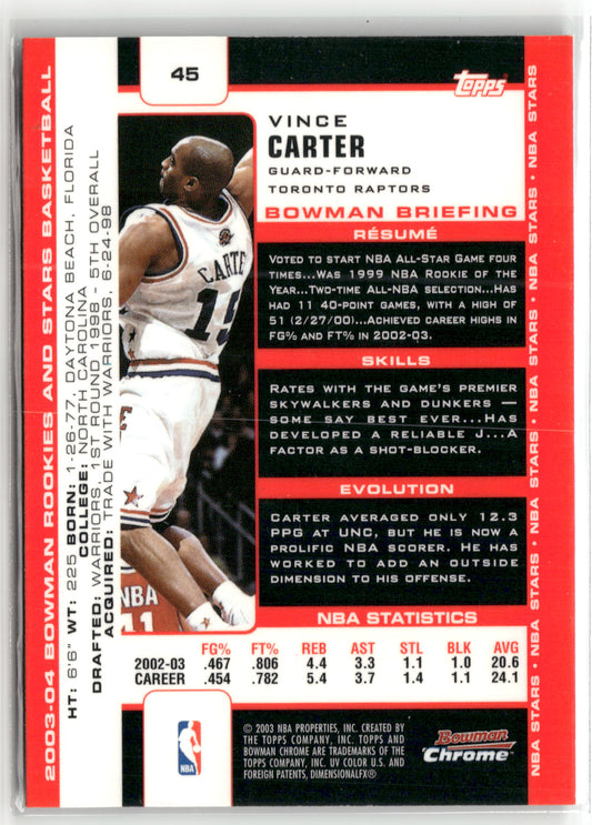 Basketball NBA Vince Carter 2003-04 Bowman Chrome Rookies and Stars Basketball #45 Base Chrome Toronto Raptors Trading Card Original
