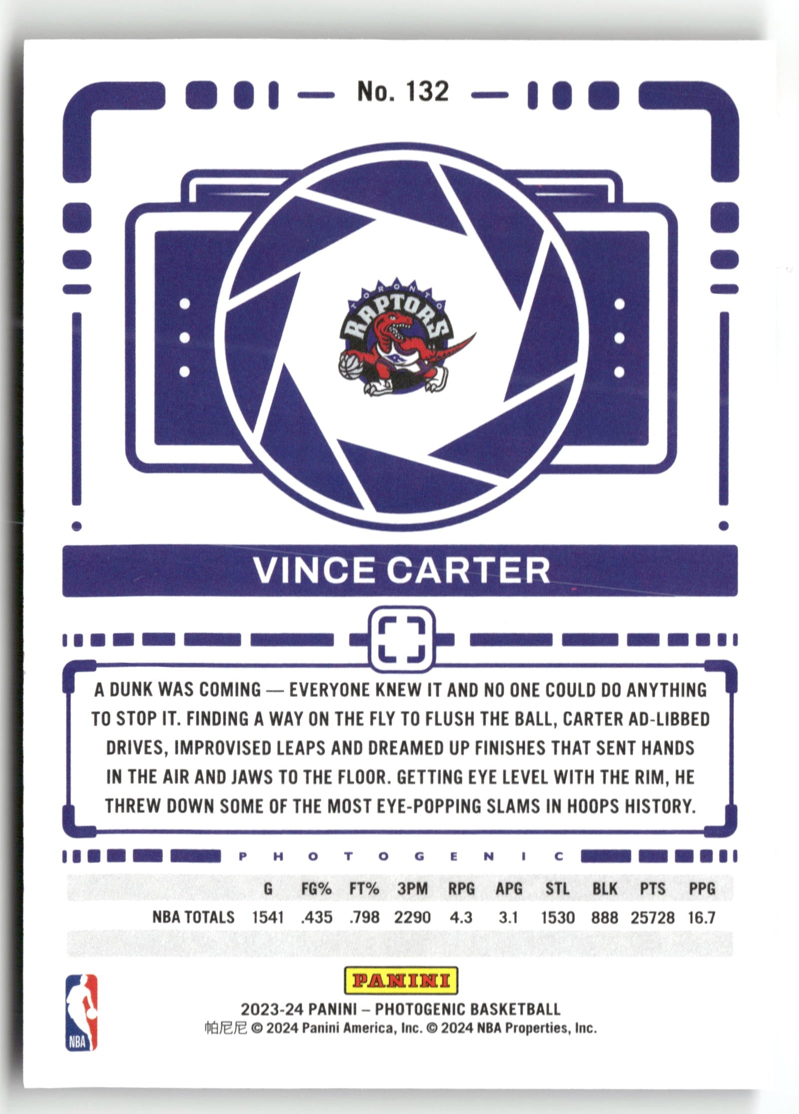 Basketball NBA Vince Carter 2023-24 Panini Photogenic Basketball #132 Toronto Raptors Trading Card Original