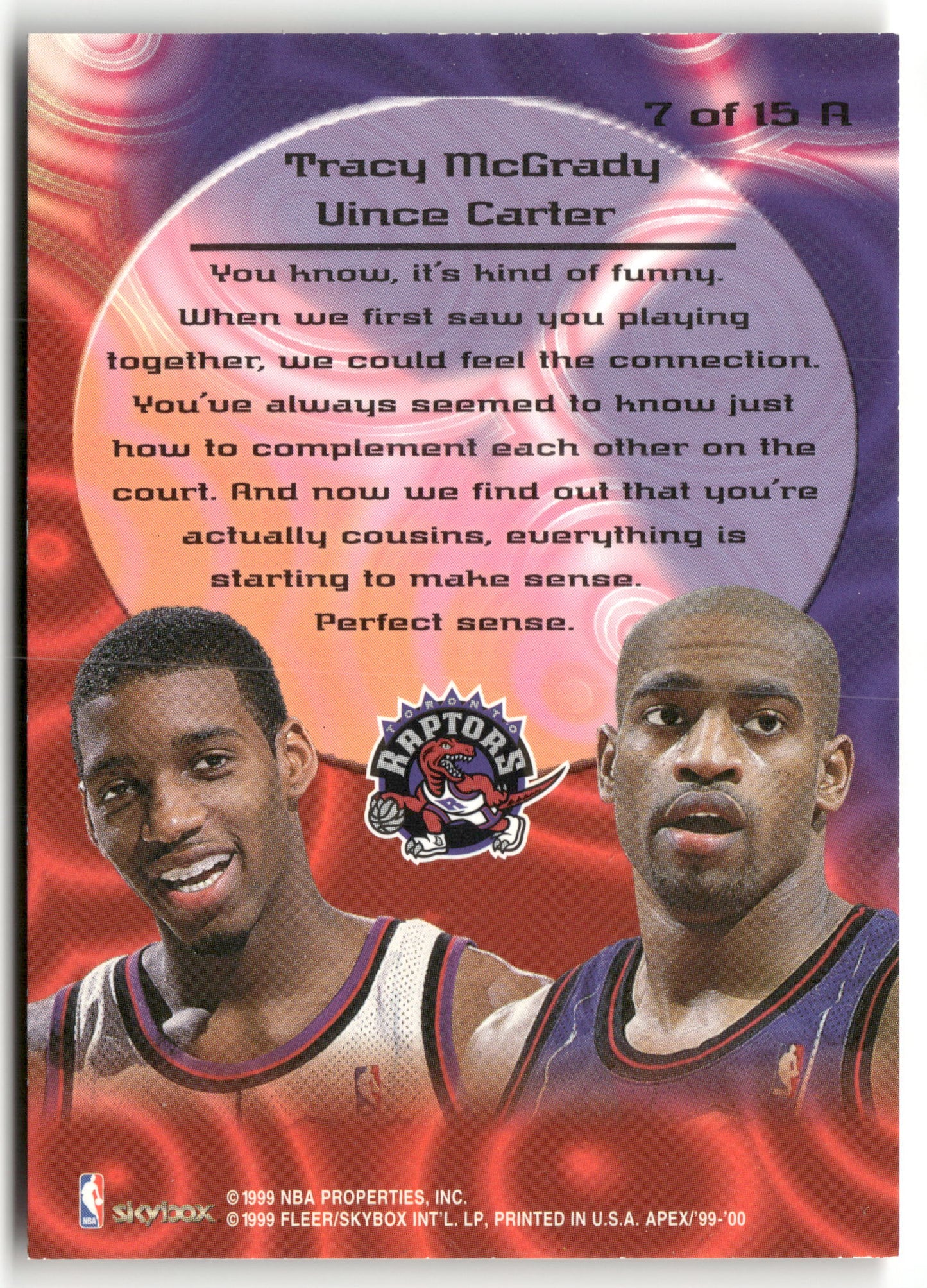 Basketball NBA Tracy McGrady / Vince Carter 1999-00 SkyBox Apex #7 of 15 A Allies Insert Toronto Raptors Trading Card Original