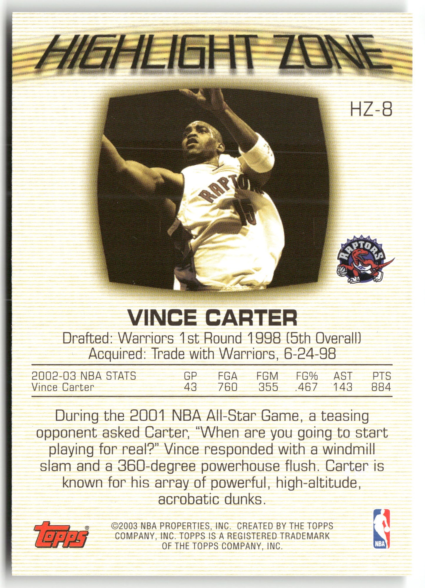 Basketball NBA Vince Carter 2003 Topps #HZ-8 Highlight Zone Refractor Insert Toronto Raptors Trading Card Original