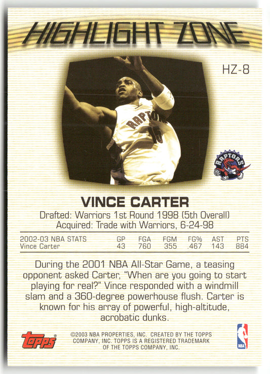 Basketball NBA Vince Carter 2003 Topps #HZ-8 Highlight Zone Refractor Insert Toronto Raptors Trading Card Original