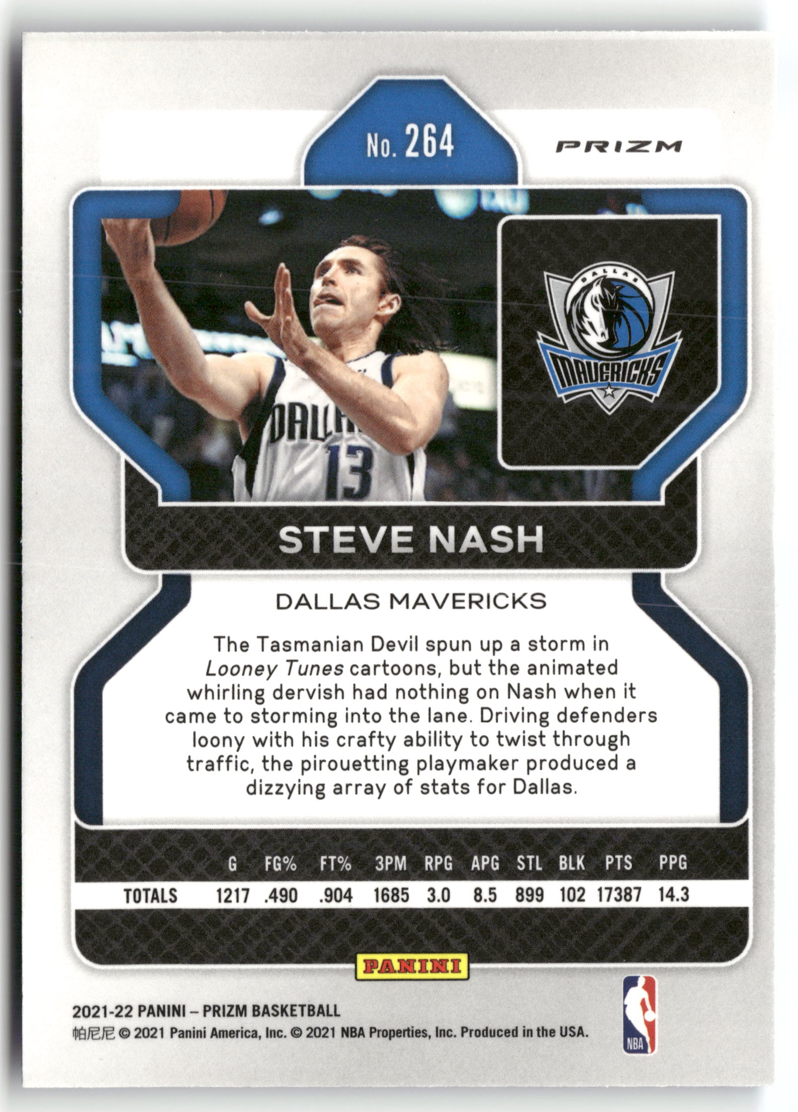 Basketball NBA Steve Nash 2021-22 Panini Prizm Basketball #264 75th Anniversary NBA Diamond Blue Insert Dallas Mavericks Trading Card Original