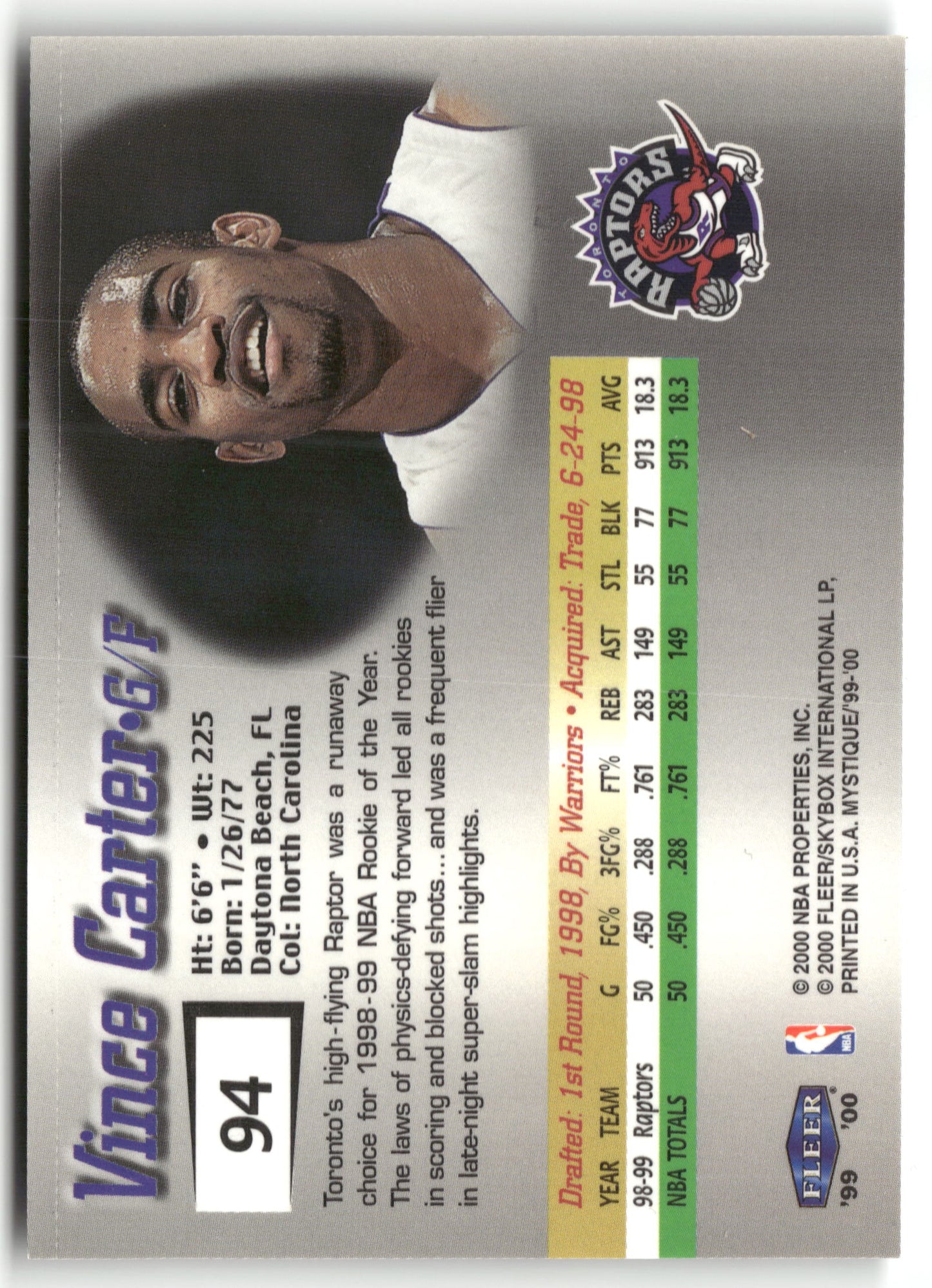 Basketball NBA Vince Carter 1999-00 Fleer Mystique #94 Rainbow Foil Toronto Raptors Trading Card Original