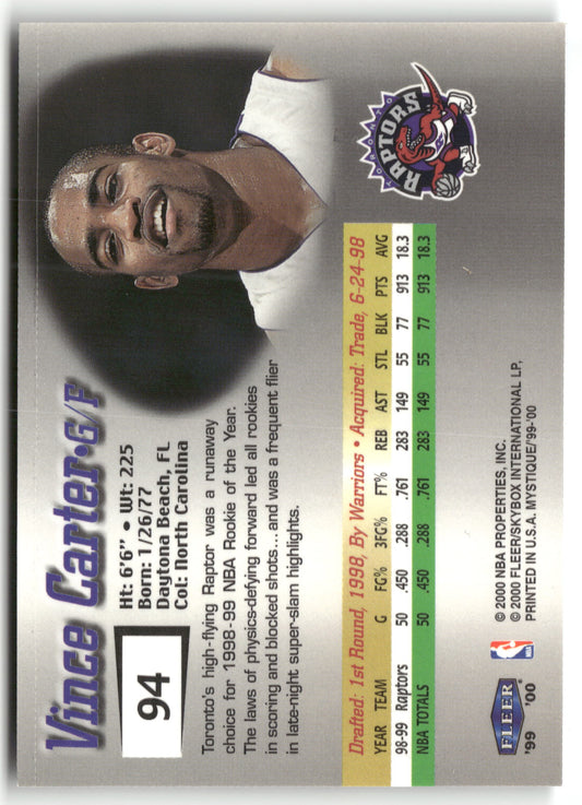 Basketball NBA Vince Carter 1999-00 Fleer Mystique #94 Rainbow Foil Toronto Raptors Trading Card Original