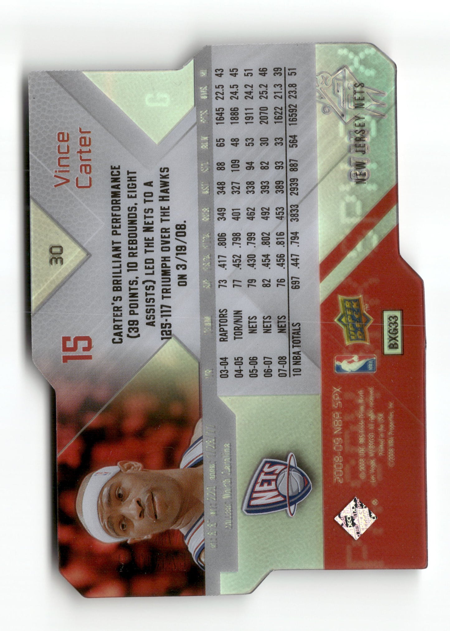 Basketball NBA Vince Carter 2008-09 NBA SPX #BXG33 Die-Cut Rainbow Foil New Jersey Nets Trading Card Original