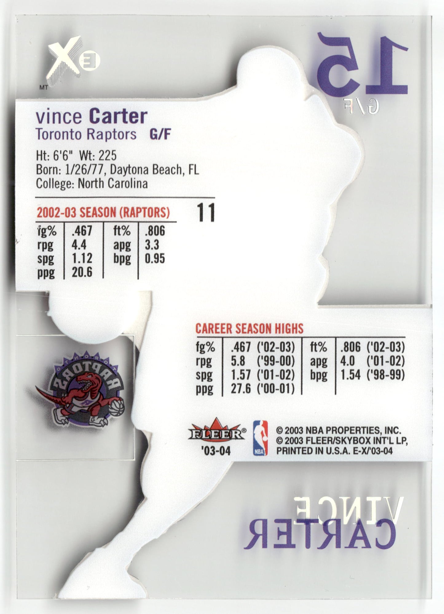 Basketball NBA Vince Carter 2003-04 Fleer E-X #11 Acetate Toronto Raptors Trading Card Original